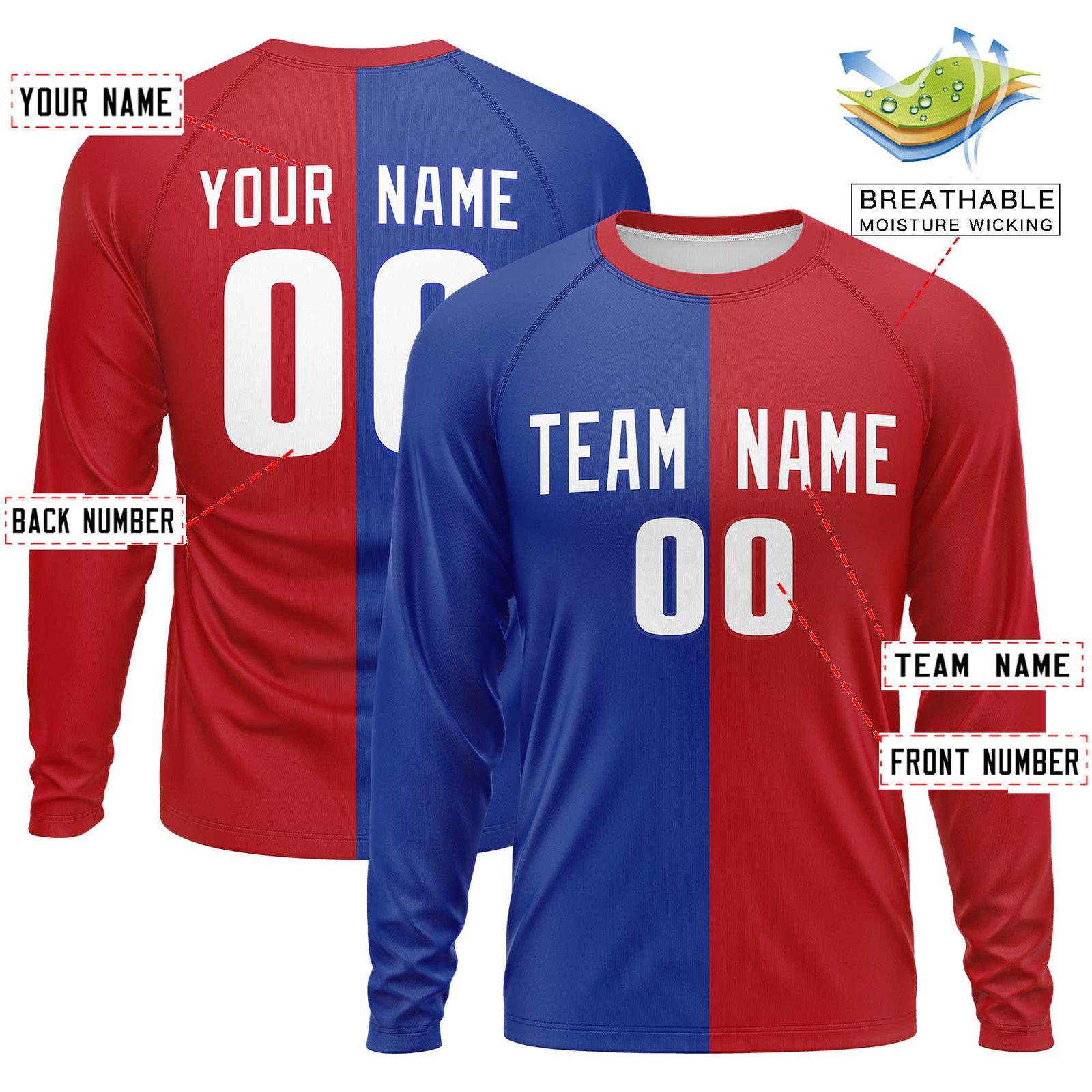 Custom Royal Red Neck Split Design Long Sleeve Performance T-Shirt