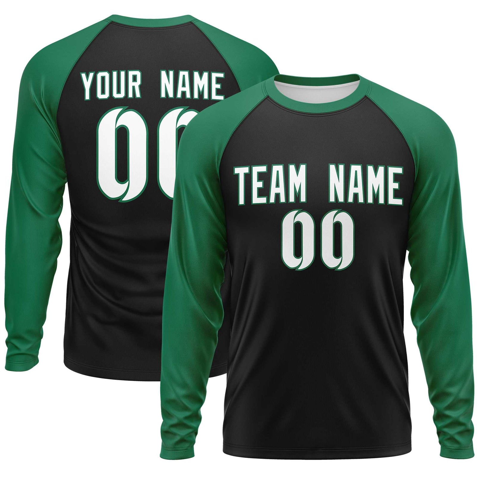 Custom Black Kelly Green Crew Neck Split Design Long Sleeve Performance T-Shirt