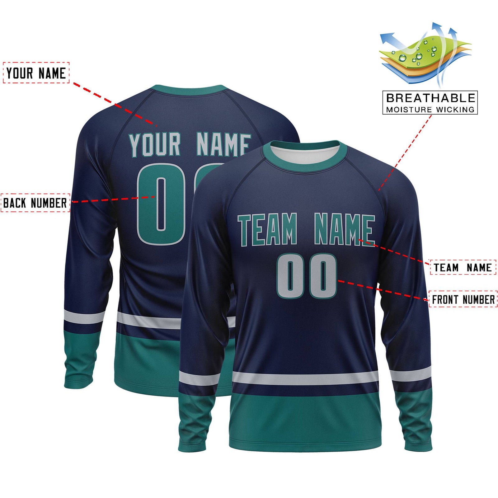 Custom Navy Gray-Aqua Color Block Design Long Sleeve Performance T-Shirt