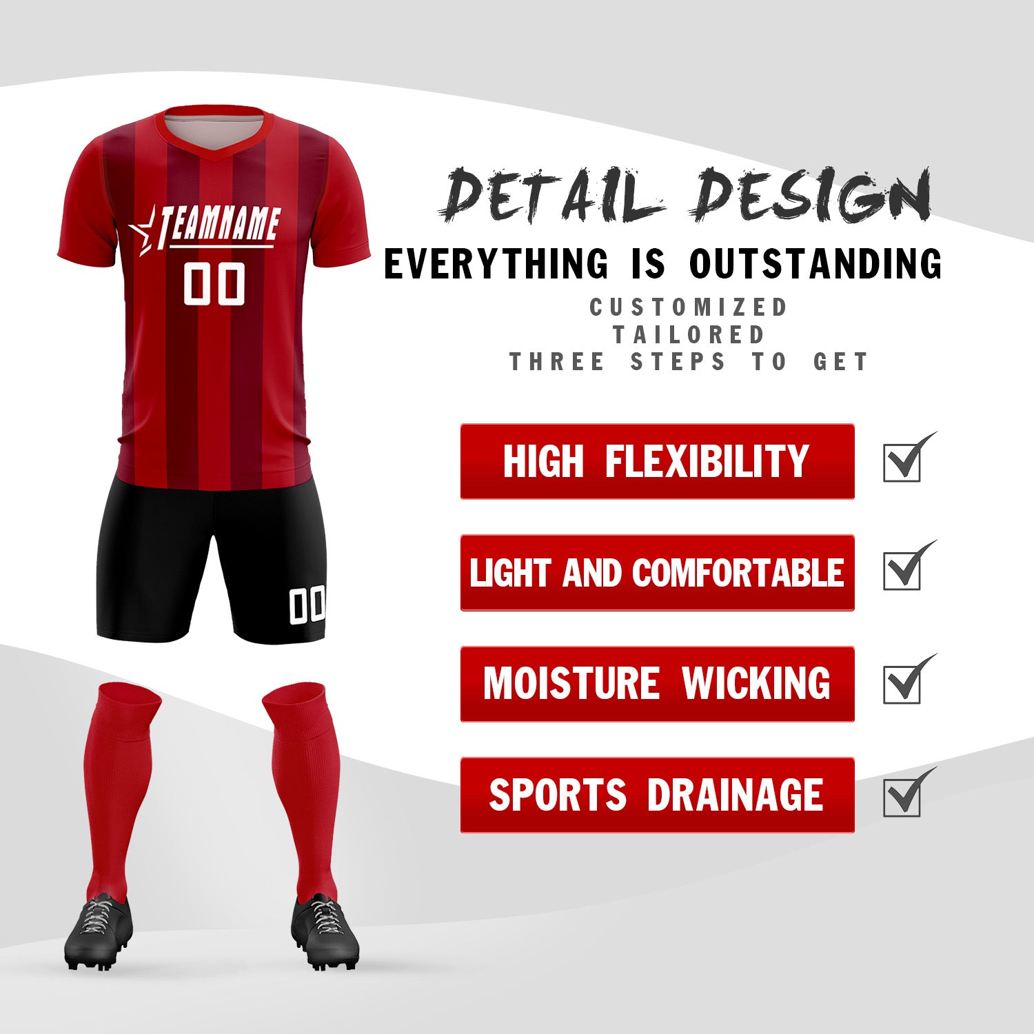 Custom Red Crimson Vertical Stripes Casual Outdoor Soccer Sets Jersey