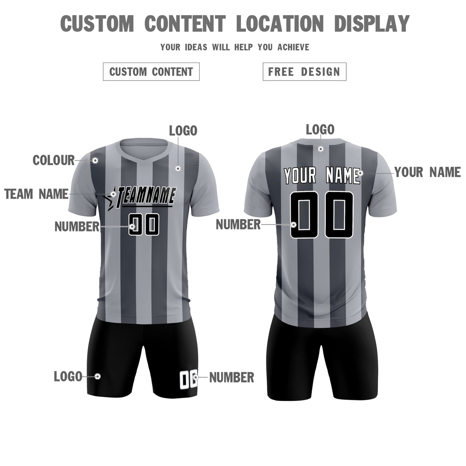 Custom Gray Dark Gray Vertical Stripes Casual Outdoor Soccer Sets Jersey