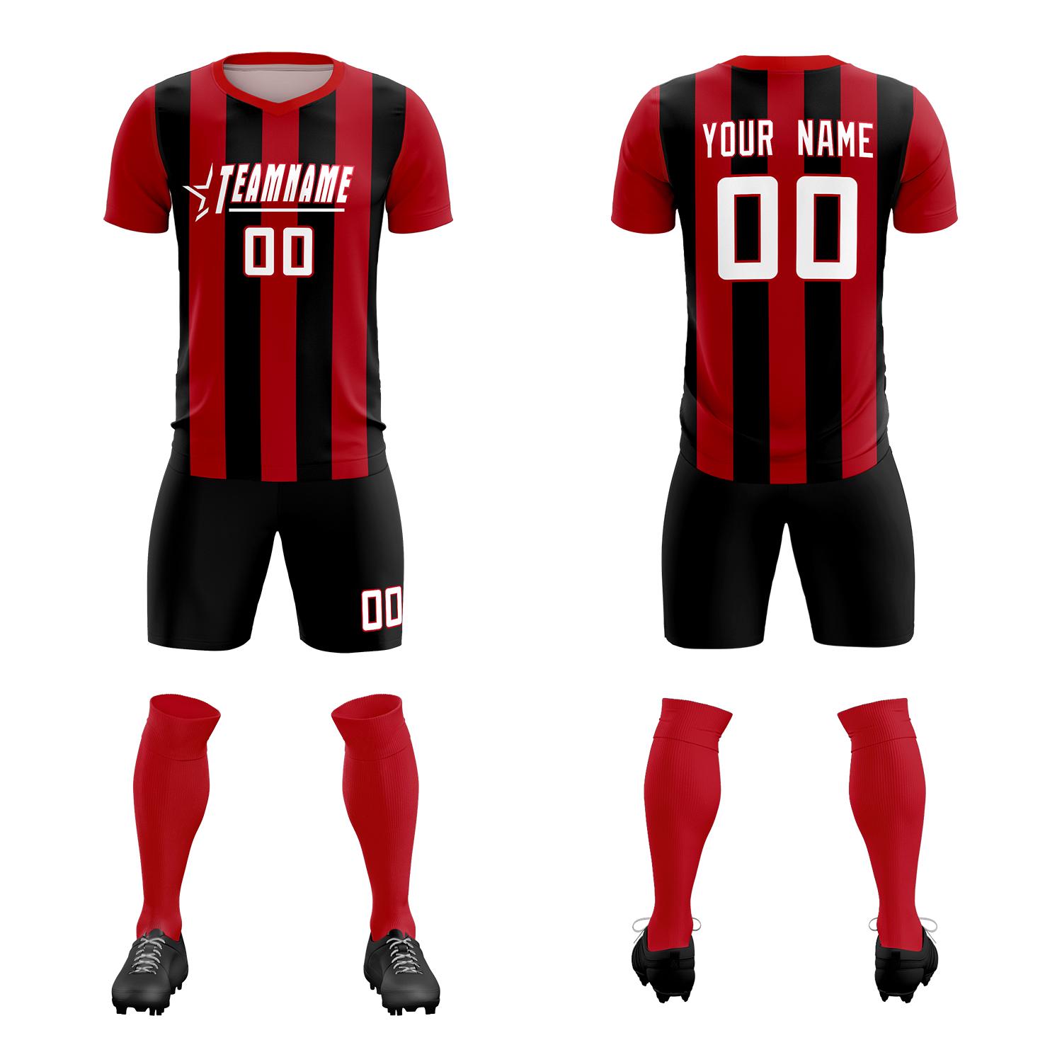 Custom Red Black Vertical Stripes Casual Outdoor Soccer Sets Jersey