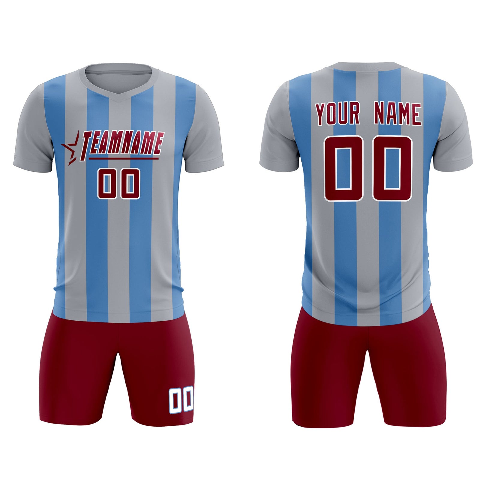 Custom Gray Light Blue Vertical Stripes Casual Outdoor Soccer Sets Jersey