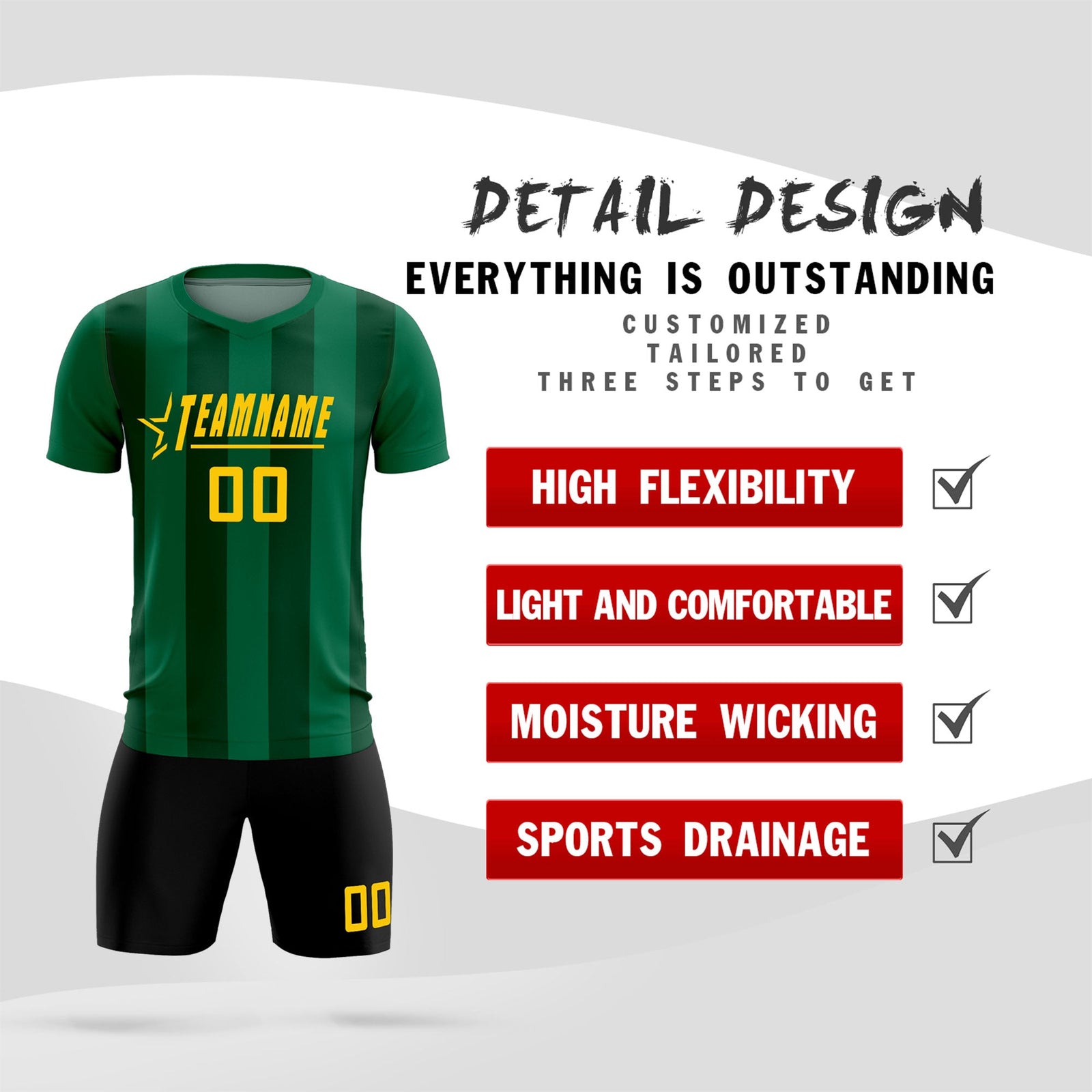 Custom Kelly Green Green Vertical Stripes Casual Outdoor Soccer Sets Jersey