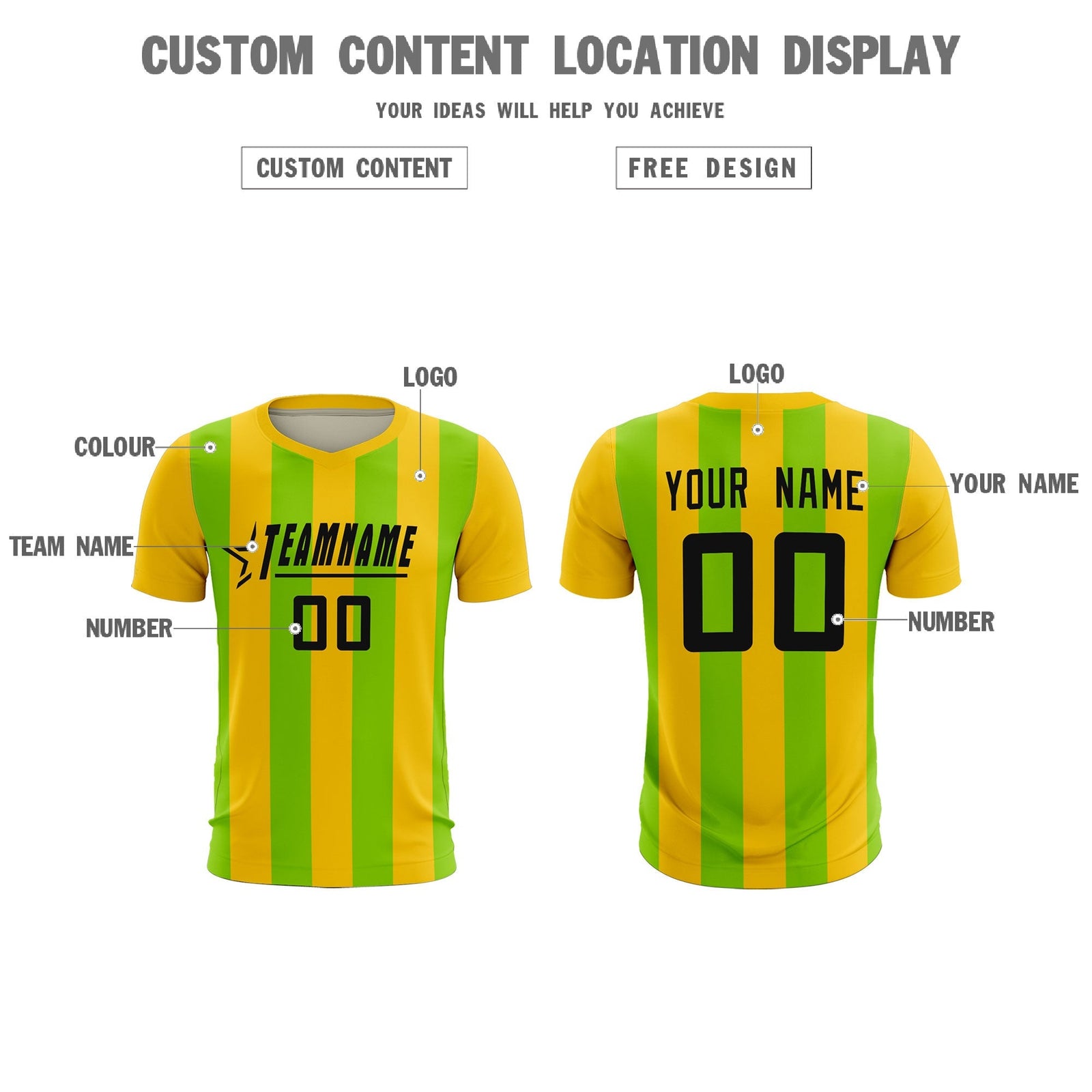 Custom Gold Neon Green Vertical Stripes Casual Outdoor Soccer Sets Jersey