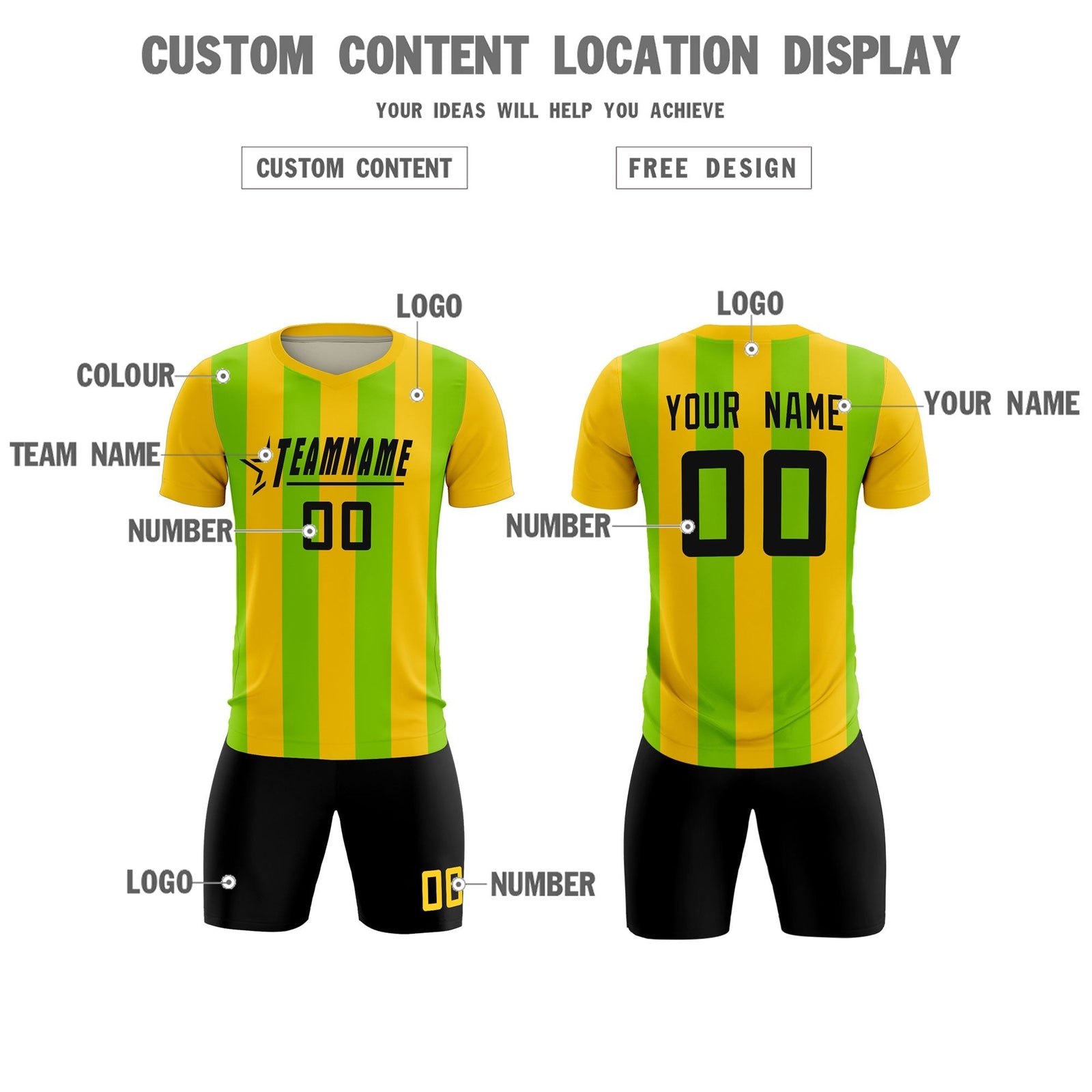 Custom Gold Neon Green Vertical Stripes Casual Outdoor Soccer Sets Jersey