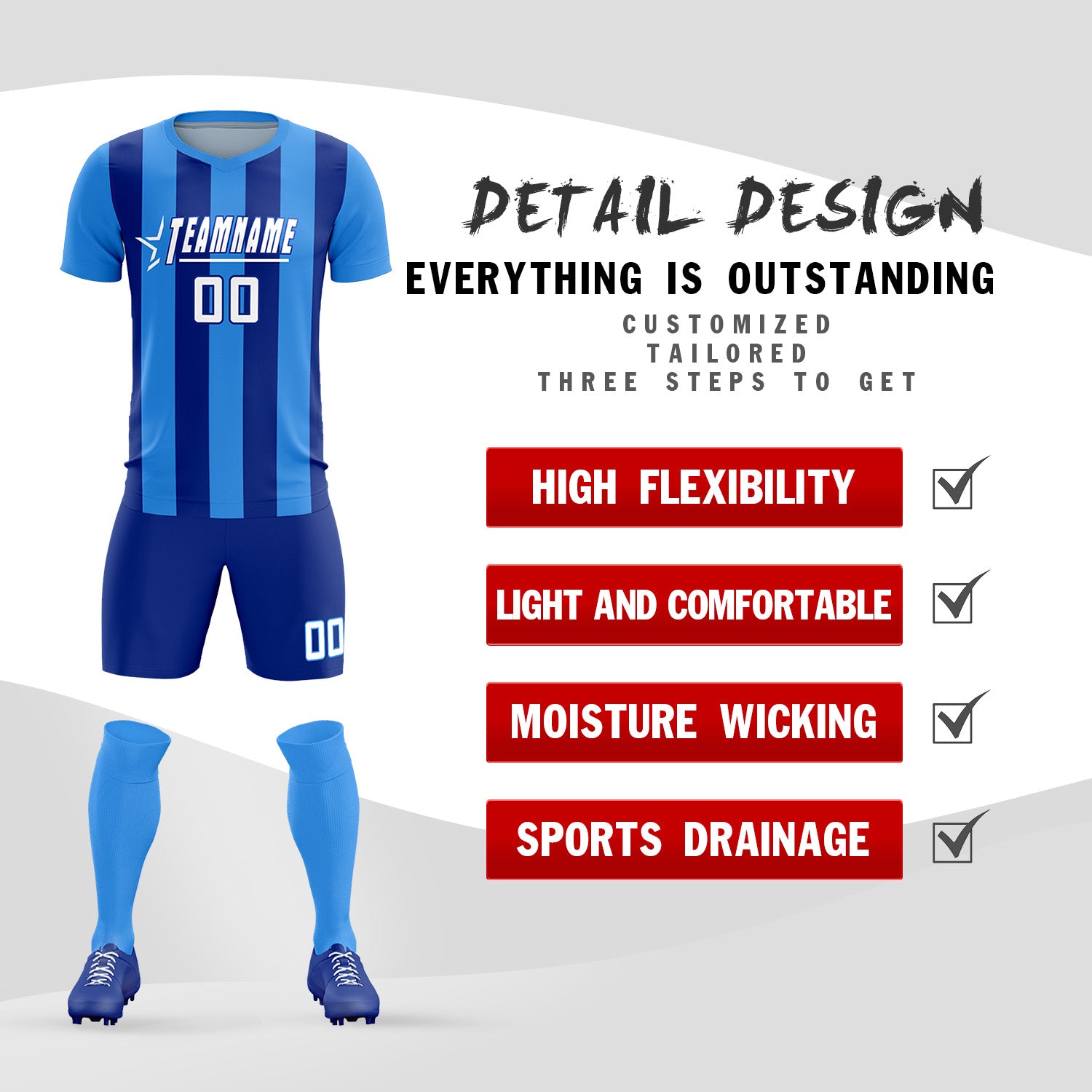 Custom Powder Blue Royal Vertical Stripes Casual Outdoor Soccer Sets Jersey