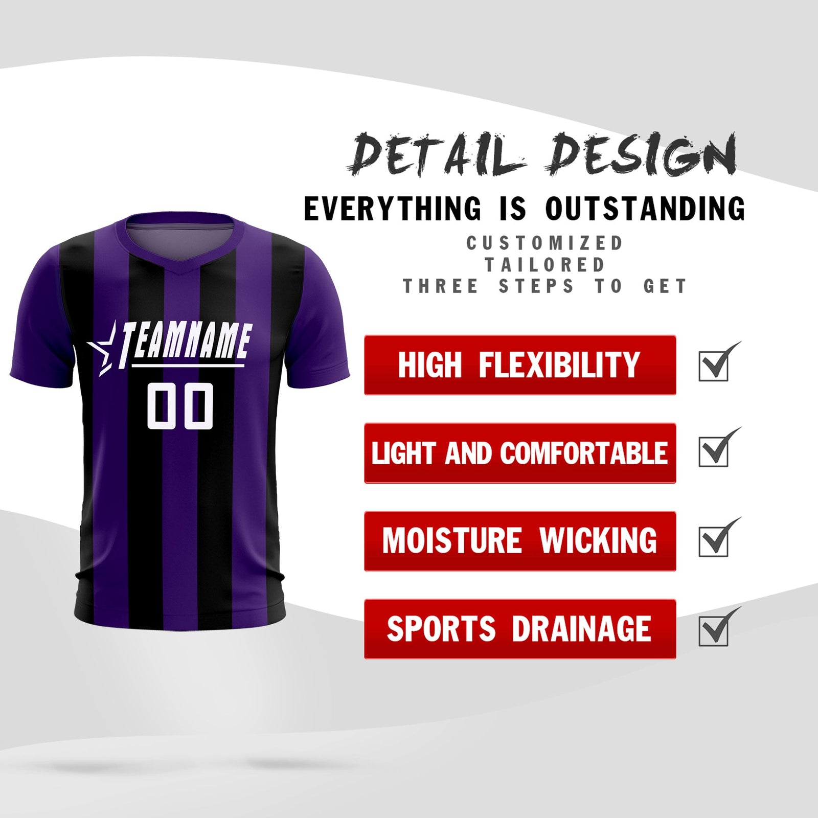 Custom Purple Black Vertical Stripes Casual Outdoor Soccer Sets Jersey