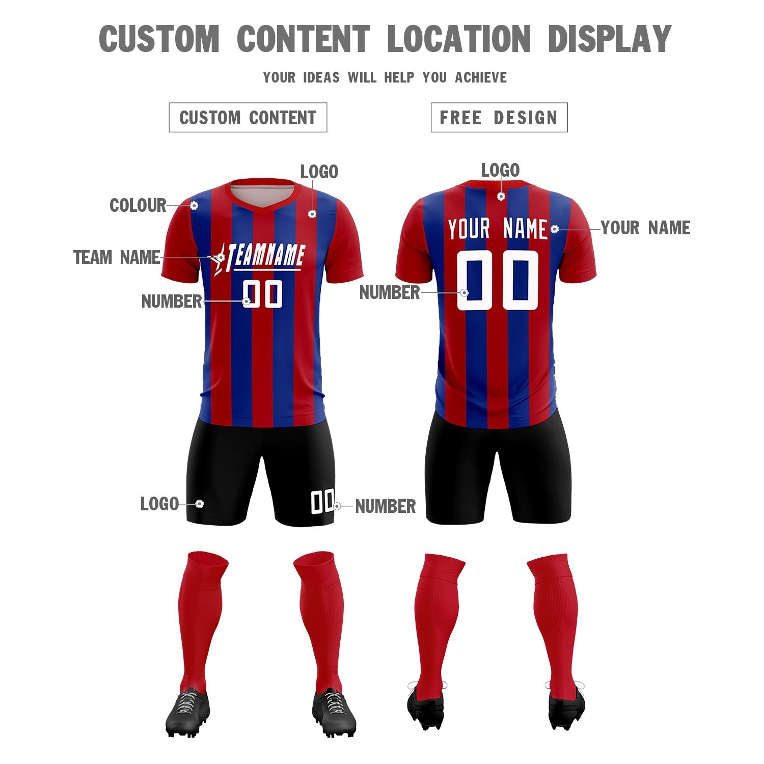 Custom Red Royal Vertical Stripes Casual Outdoor Soccer Sets Jersey