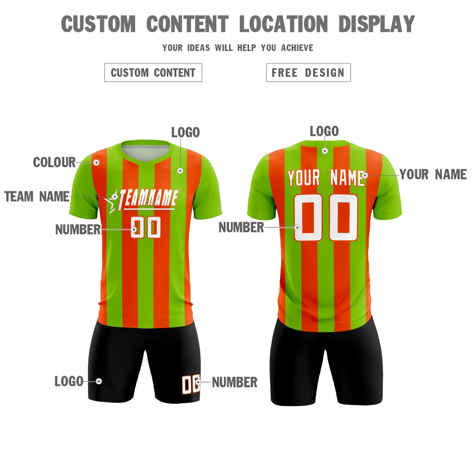 Custom Neon Green Orange Vertical Stripes Casual Outdoor Soccer Sets Jersey