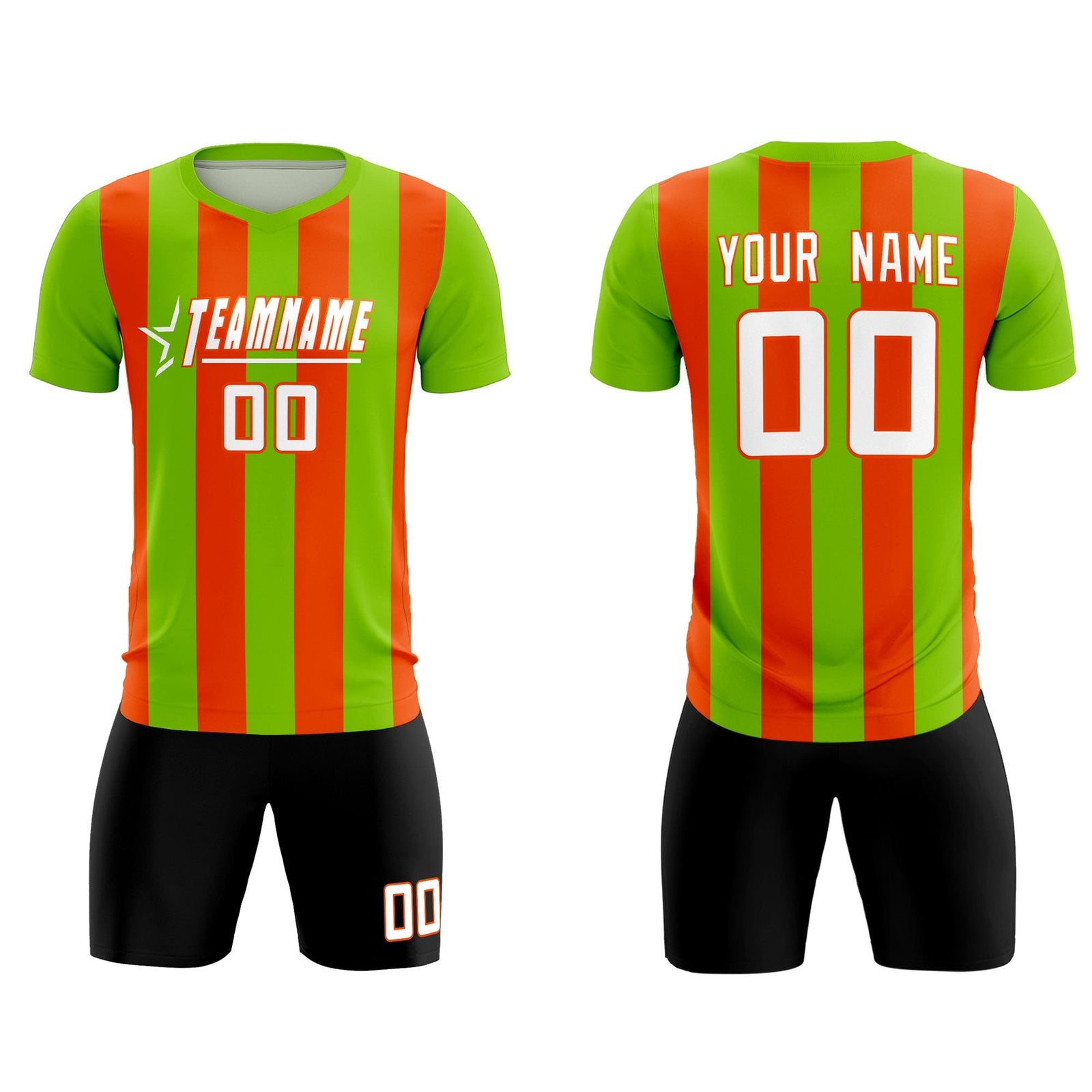 Custom Neon Green Orange Vertical Stripes Casual Outdoor Soccer Sets Jersey
