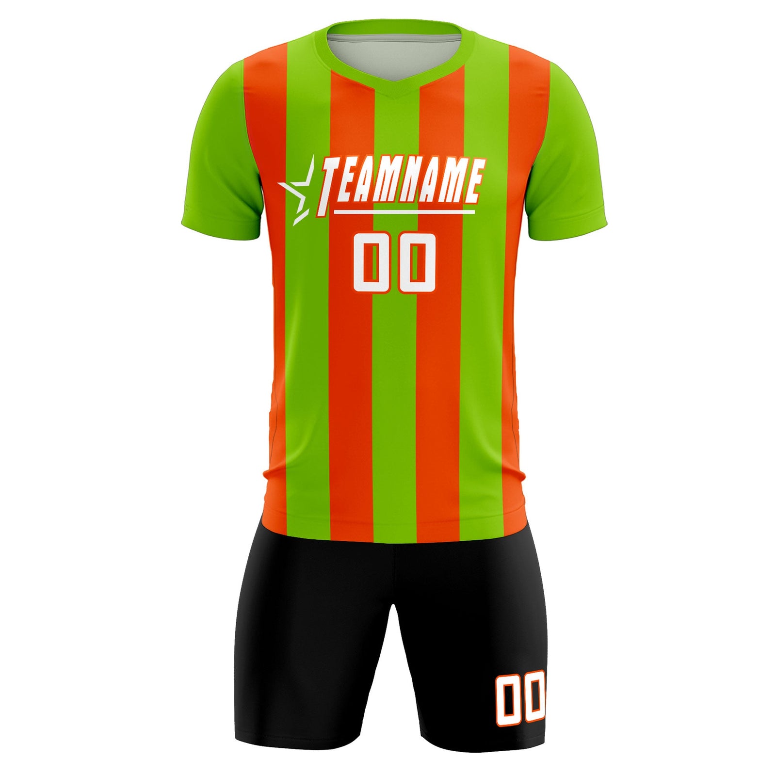 Custom Neon Green Orange Vertical Stripes Casual Outdoor Soccer Sets Jersey