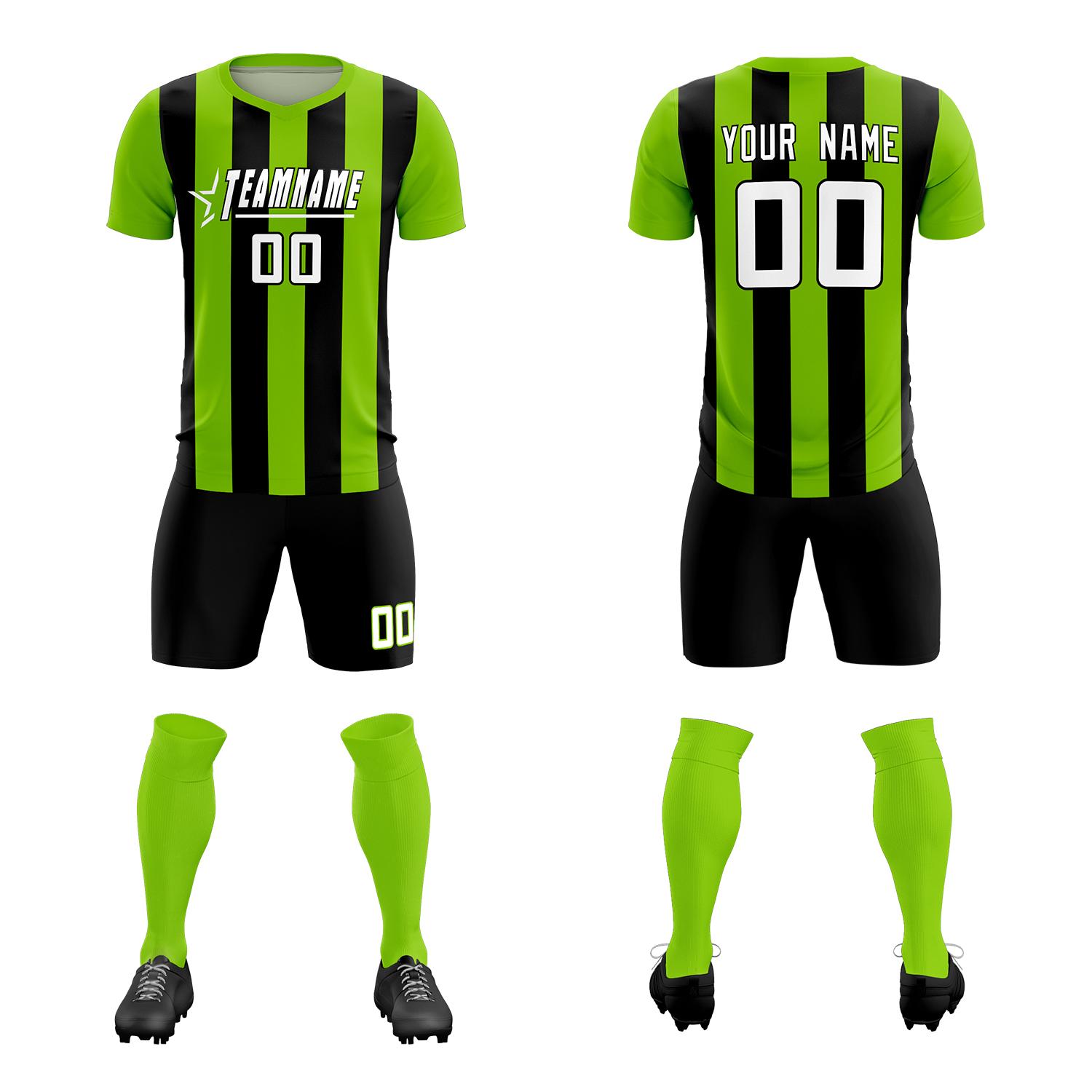 Custom Neon Green Black Vertical Stripes Casual Outdoor Soccer Sets Jersey
