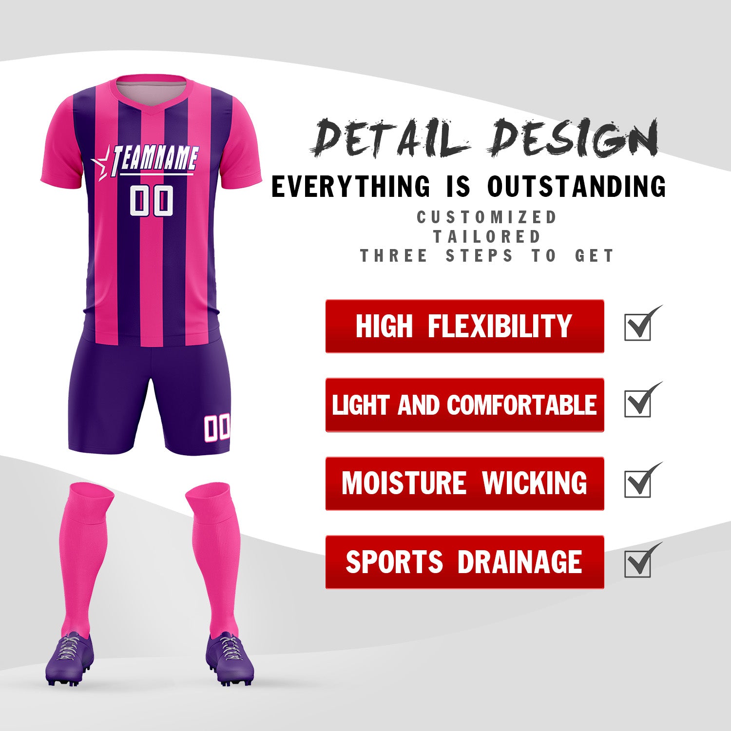 Custom Pink Purple Vertical Stripes Casual Outdoor Soccer Sets Jersey