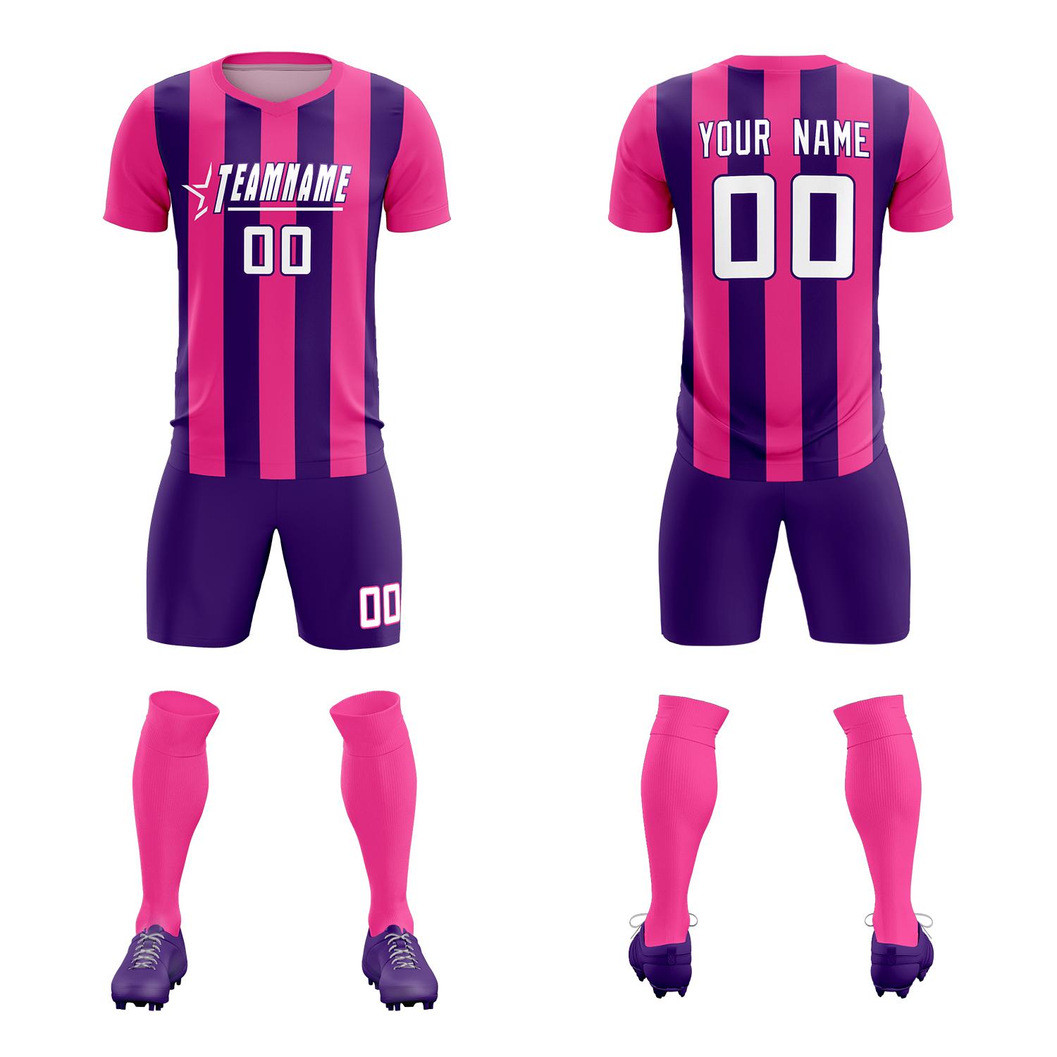 Custom Pink Purple Vertical Stripes Casual Outdoor Soccer Sets Jersey