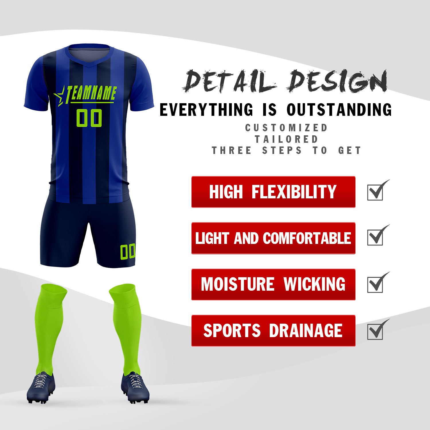 Custom Royal Navy Vertical Stripes Casual Outdoor Soccer Sets Jersey