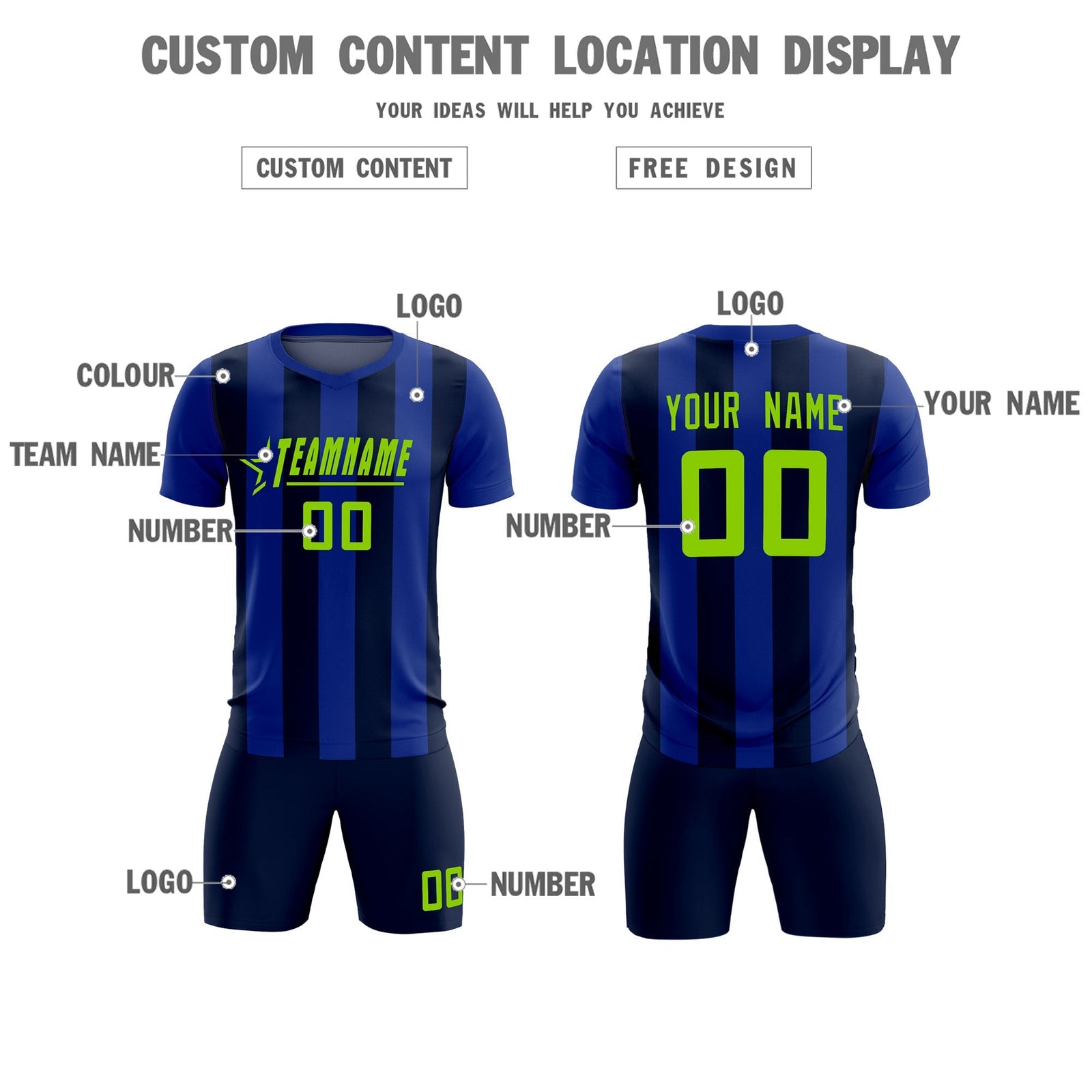 Custom Royal Navy Vertical Stripes Casual Outdoor Soccer Sets Jersey