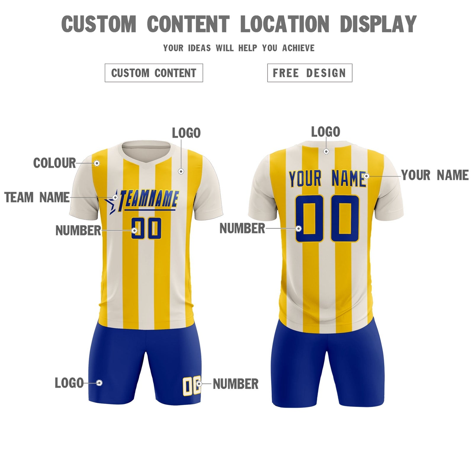 Custom Cream Gold Vertical Stripes Casual Outdoor Soccer Sets Jersey