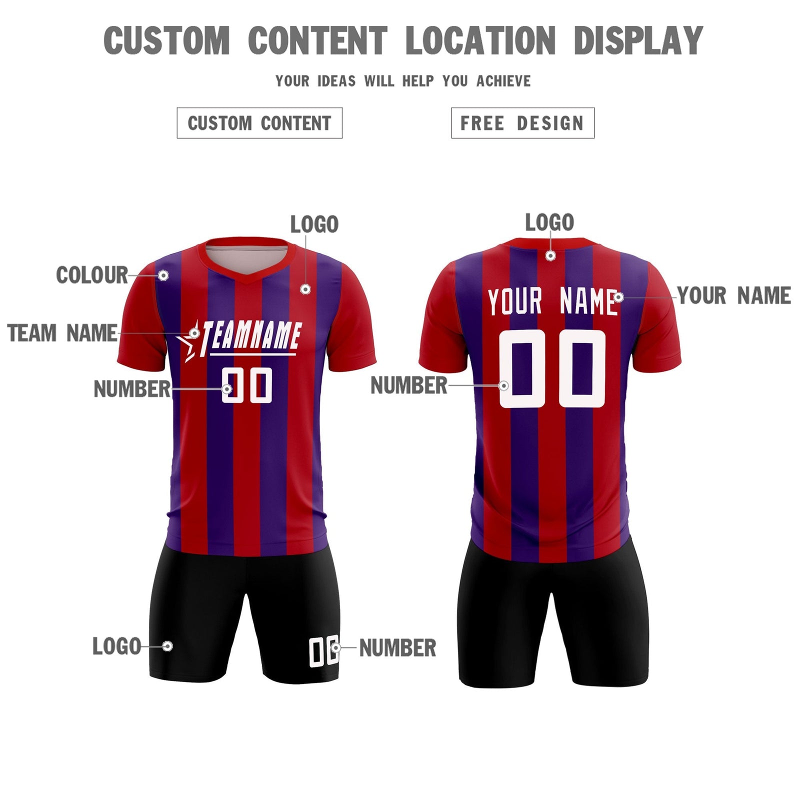 Custom Red Purple Vertical Stripes Casual Outdoor Soccer Sets Jersey