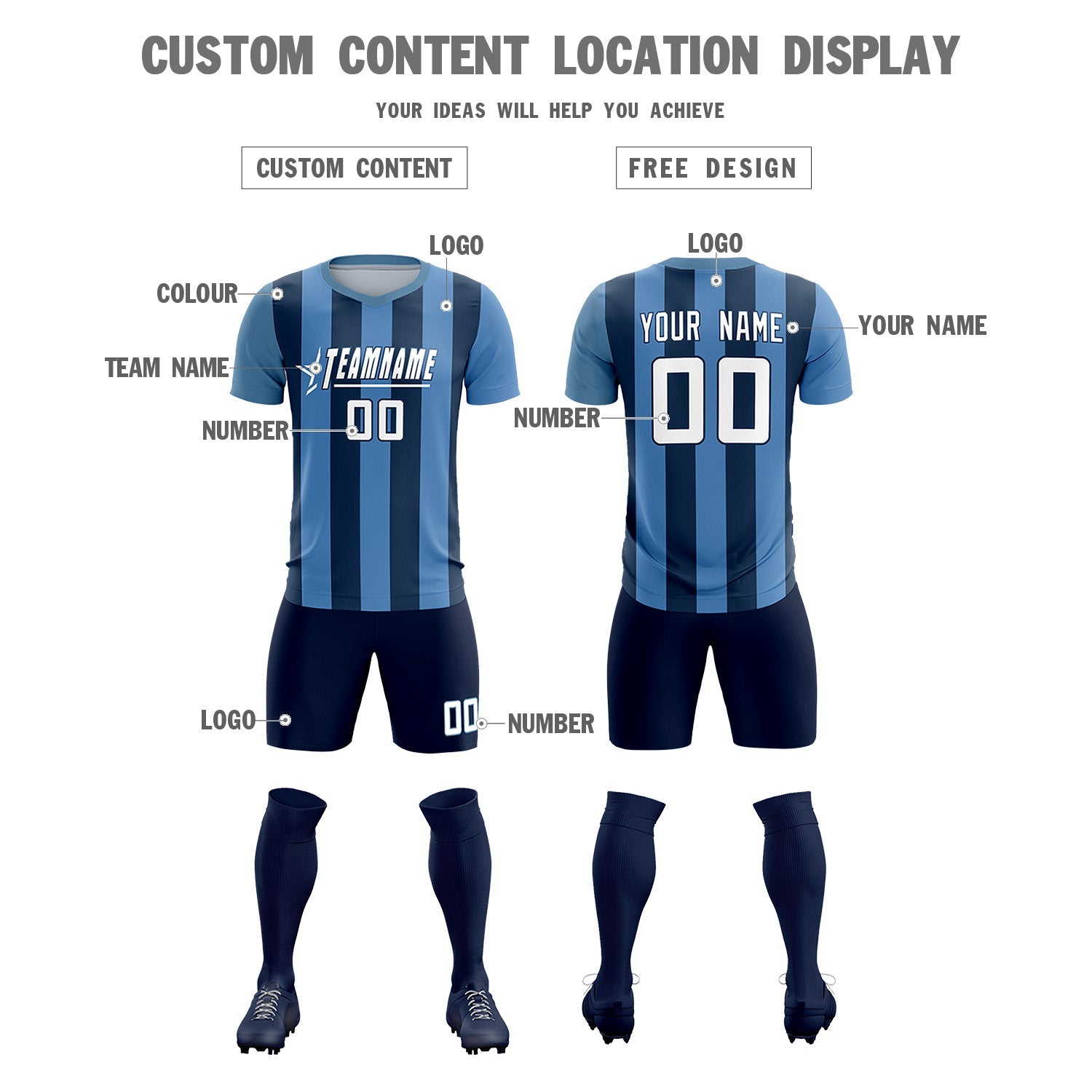 Custom Light Blue Midnight Blue Vertical Stripes Casual Outdoor Soccer Sets Jersey