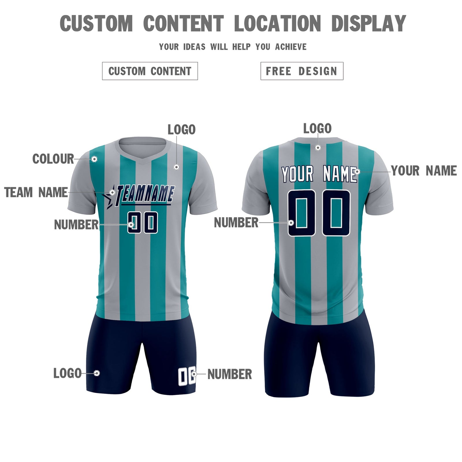 Custom Gray Aqua Vertical Stripes Casual Outdoor Soccer Sets Jersey