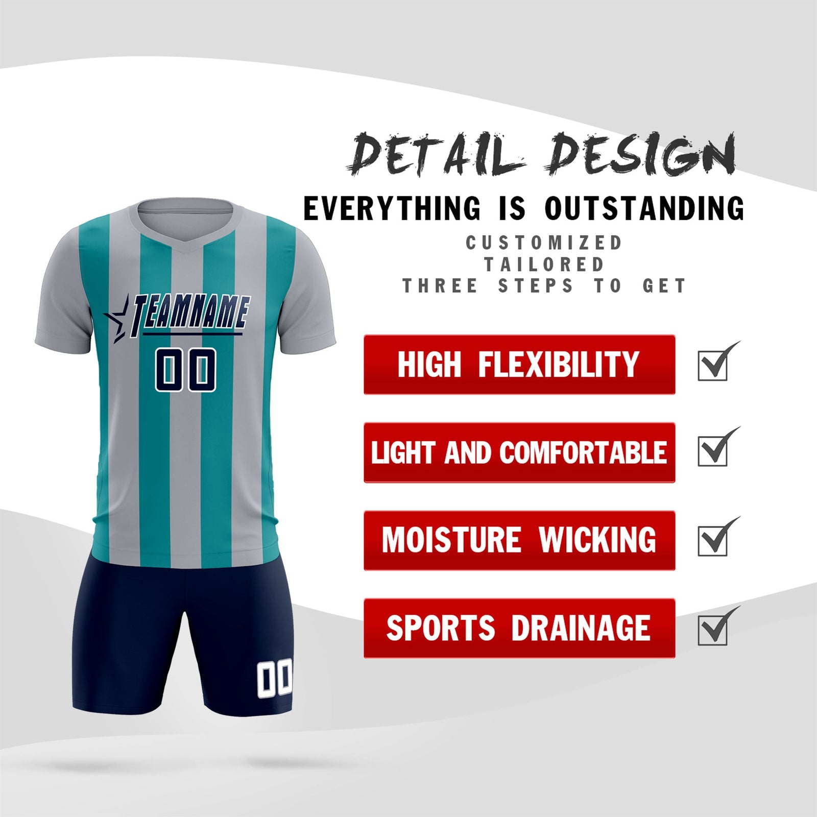 Custom Gray Aqua Vertical Stripes Casual Outdoor Soccer Sets Jersey