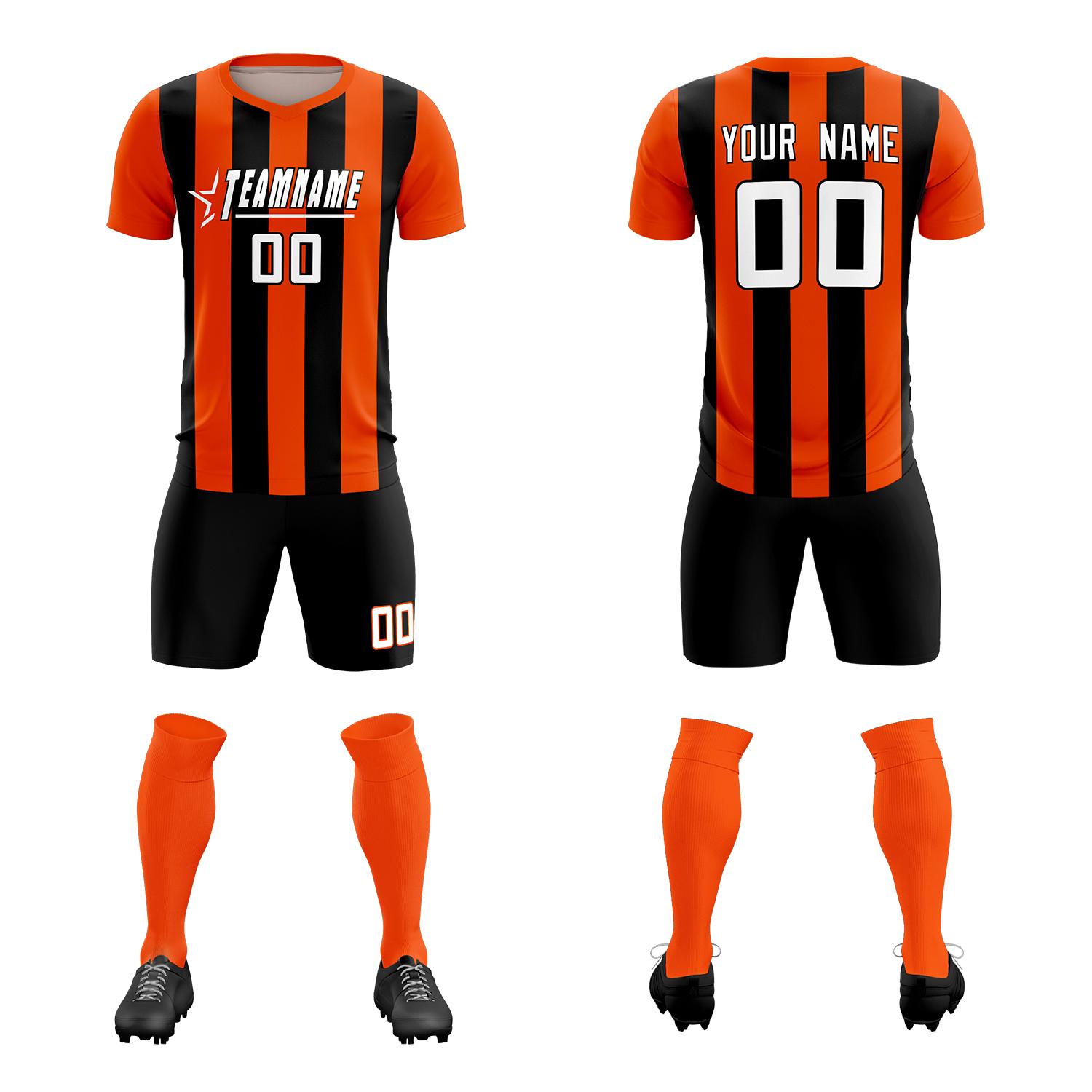 Custom Orange Black Vertical Stripes Casual Outdoor Soccer Sets Jersey