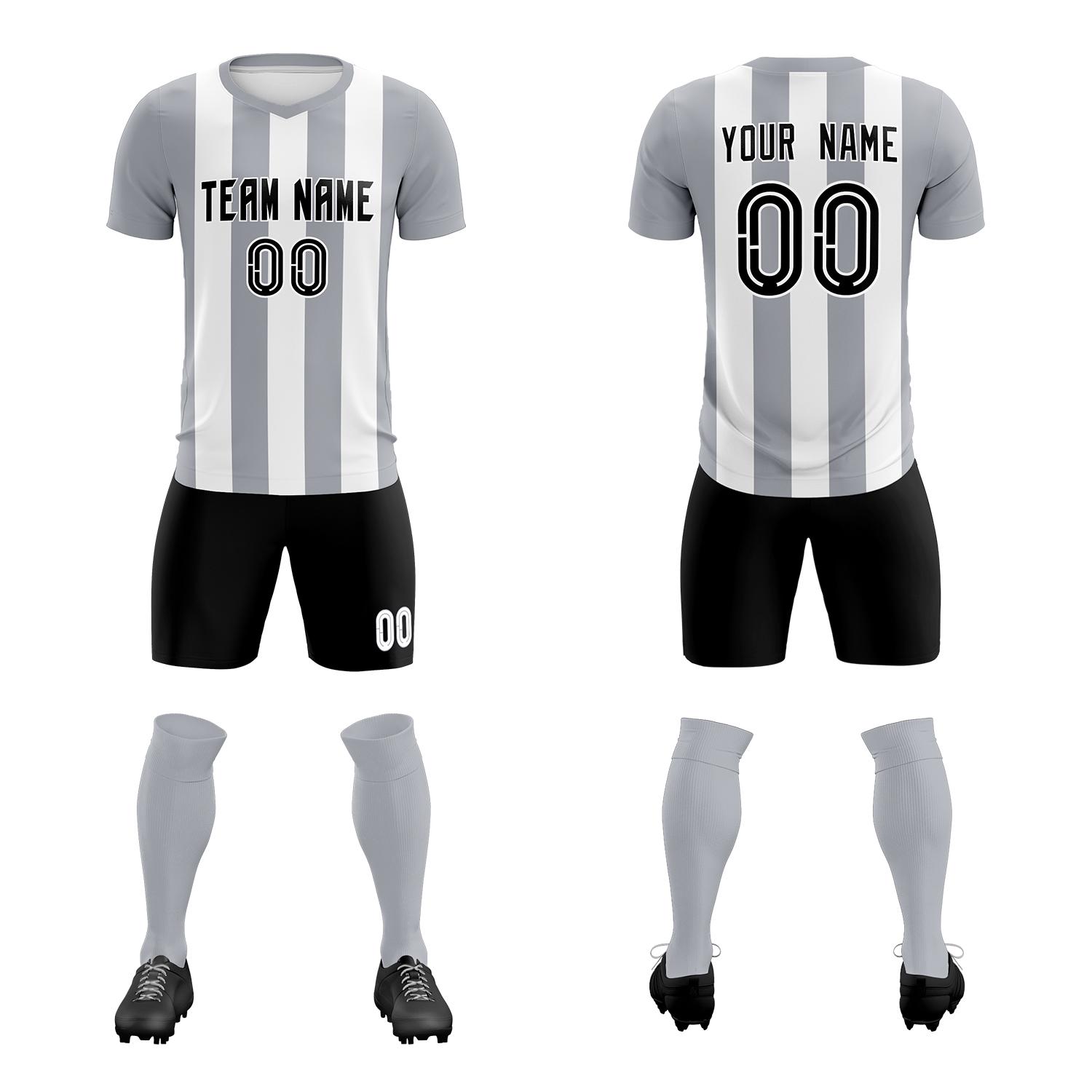 Custom White Gray Vertical Stripes Casual Outdoor Soccer Sets Jersey