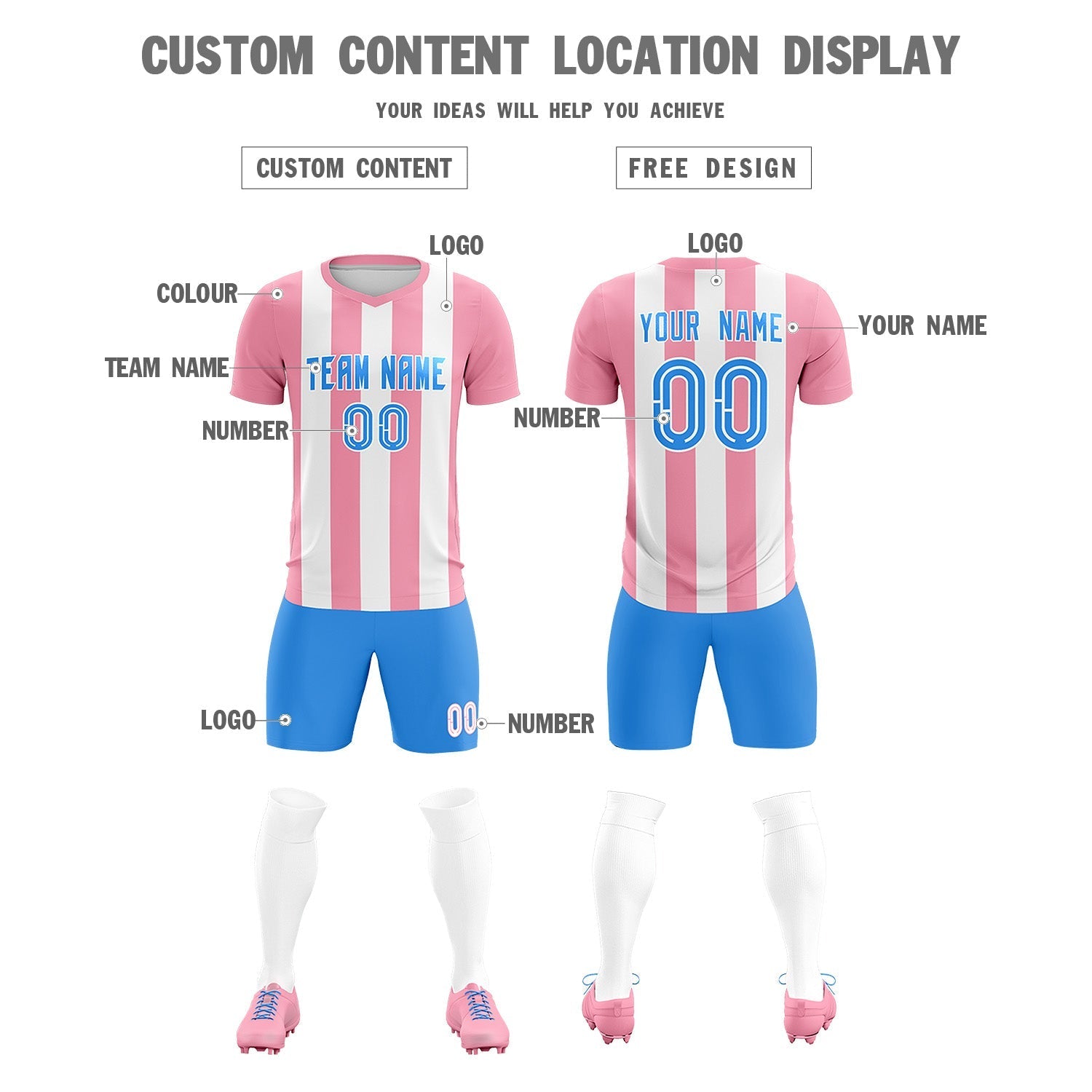 Custom White Light Pink Vertical Stripes Casual Outdoor Soccer Sets Jersey
