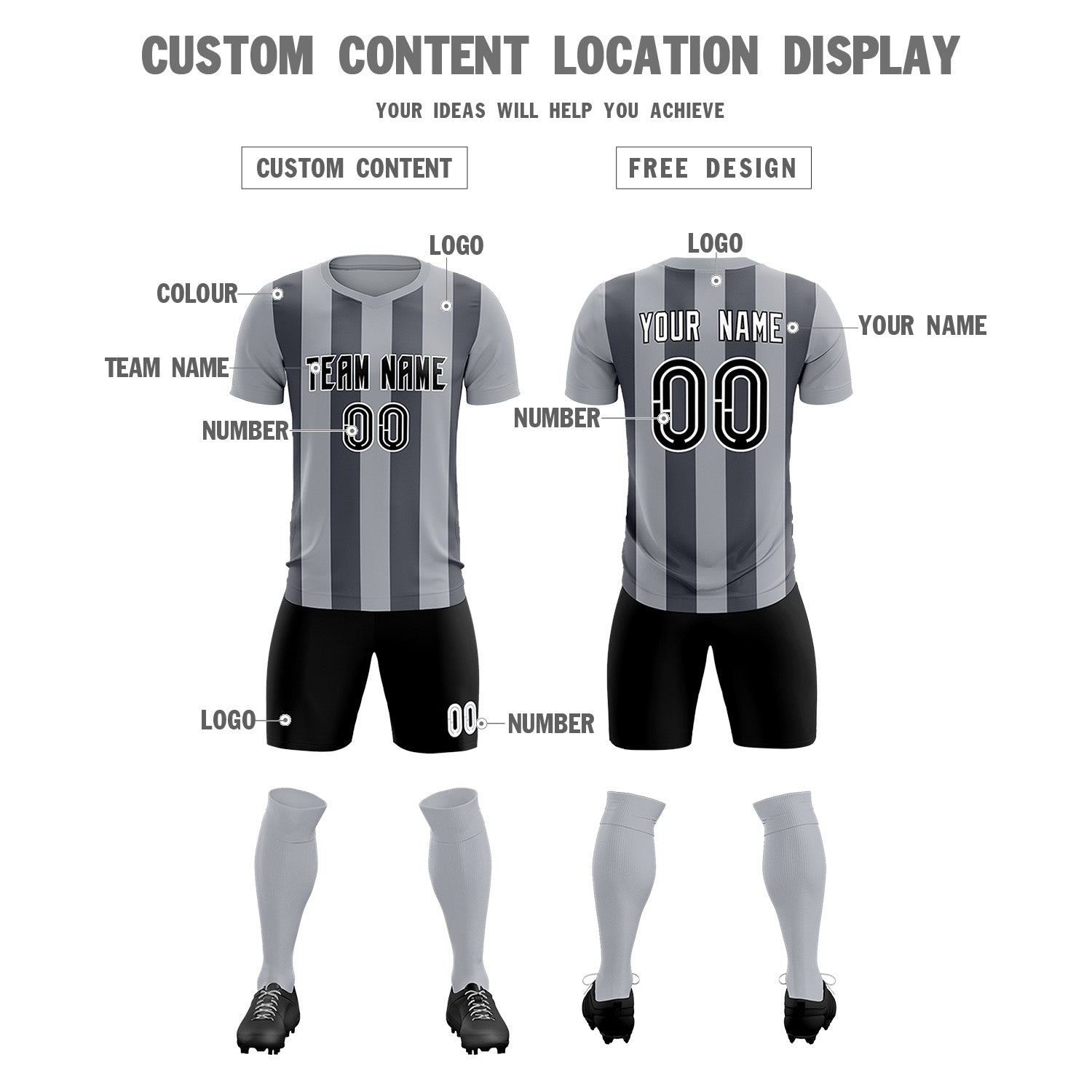 Custom Gray Dark Gray Vertical Stripes Casual Outdoor Soccer Sets Jersey