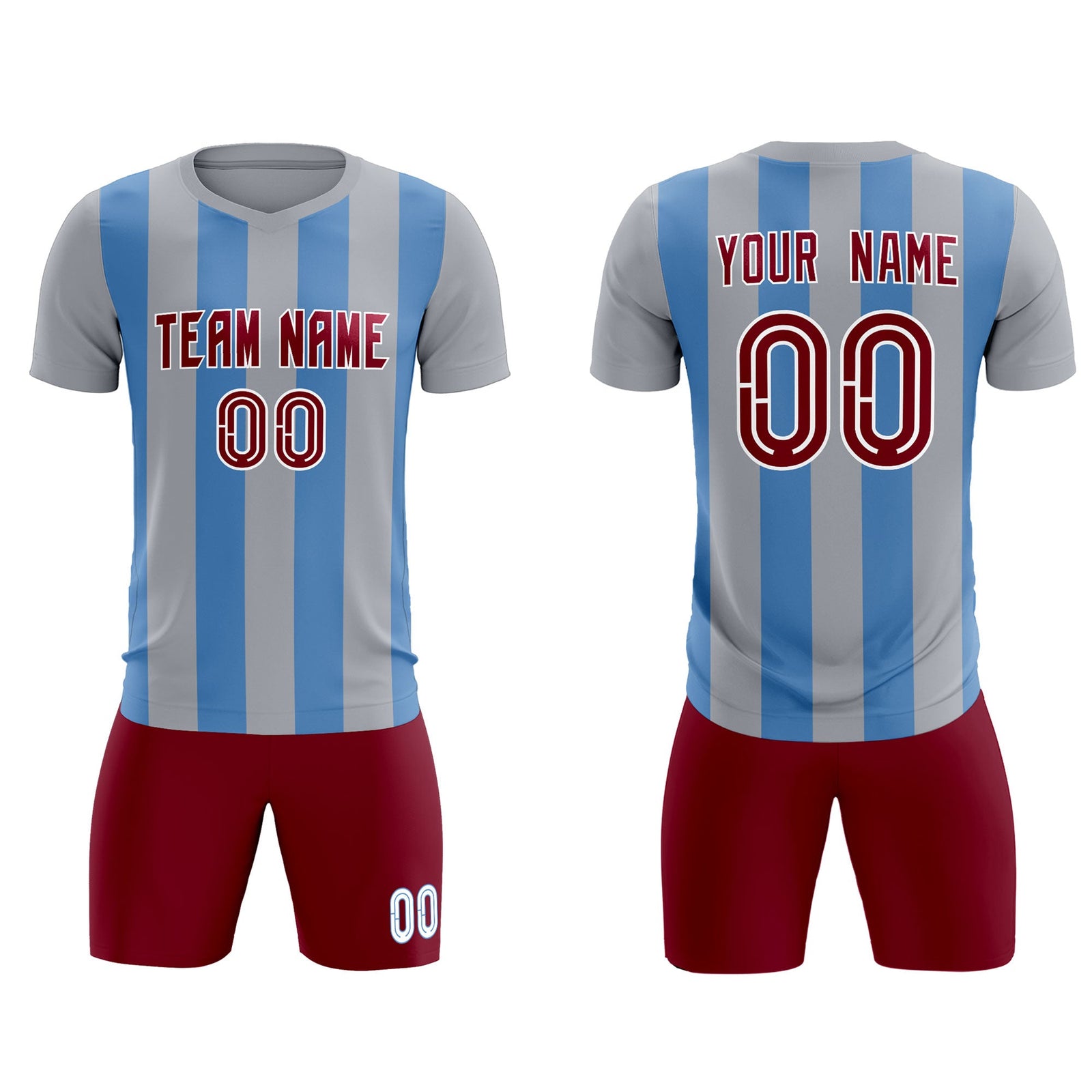 Custom Gray Light Blue Vertical Stripes Casual Outdoor Soccer Sets Jersey
