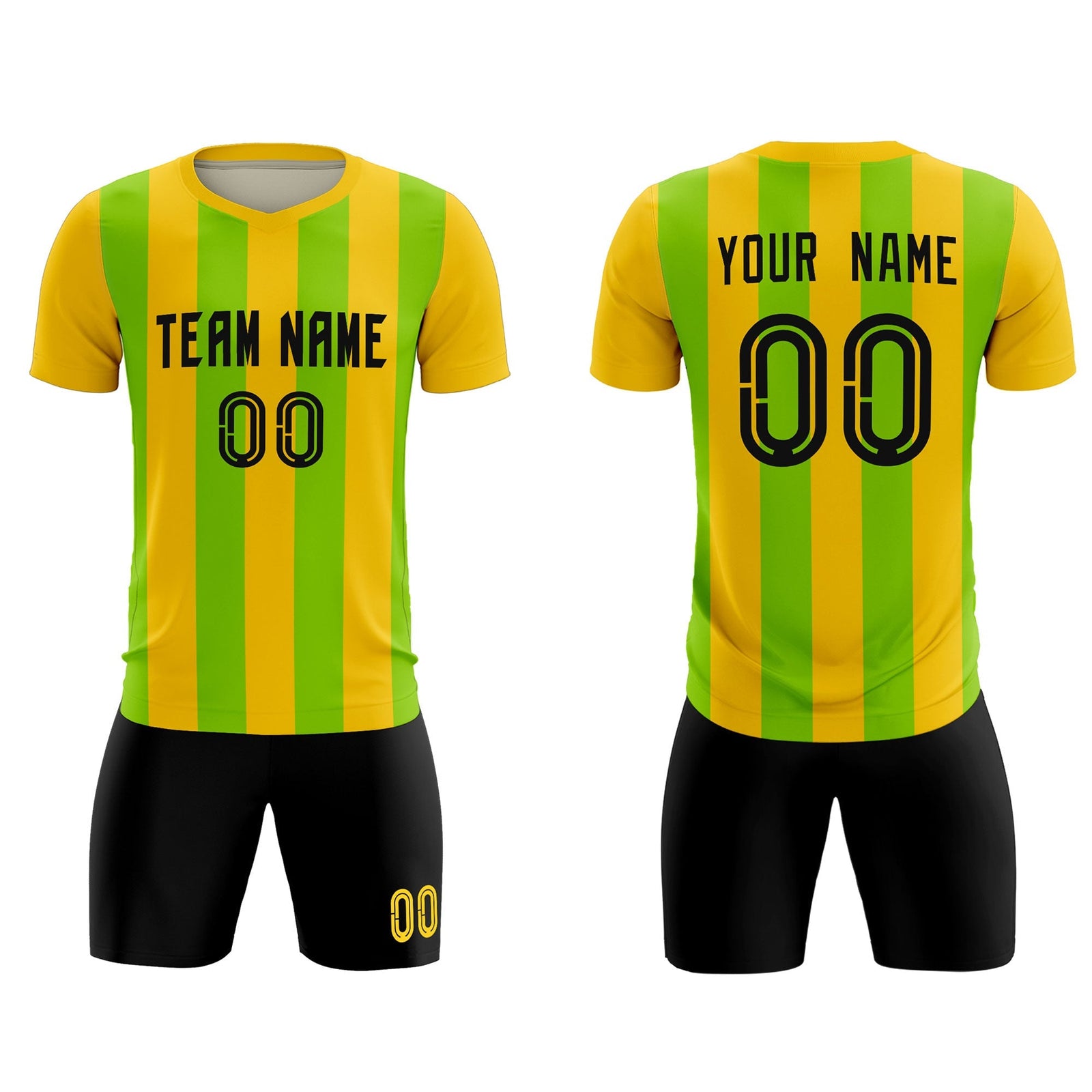 Custom Gold Neon Green Vertical Stripes Casual Outdoor Soccer Sets Jersey