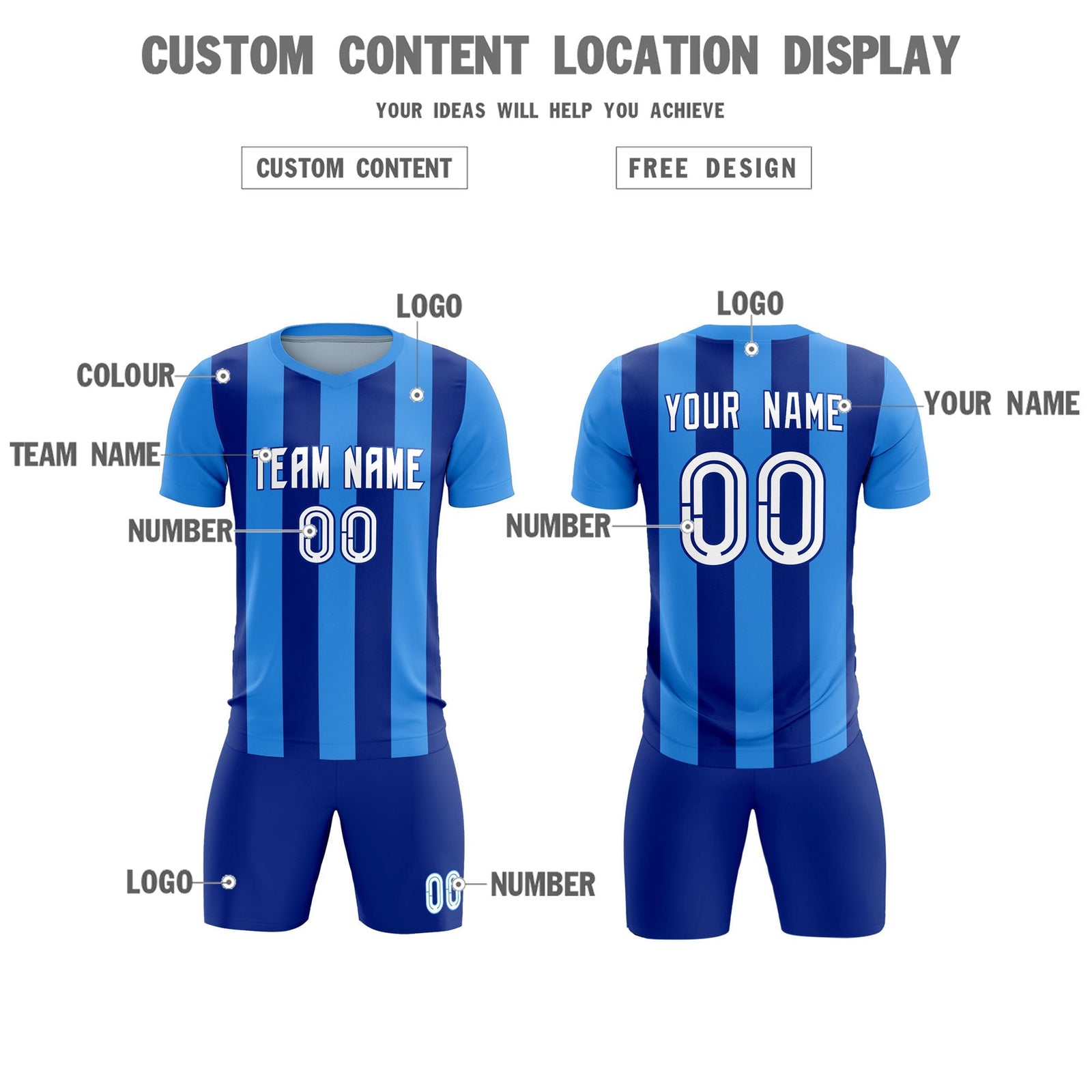 Custom Powder Blue Royal Vertical Stripes Casual Outdoor Soccer Sets Jersey