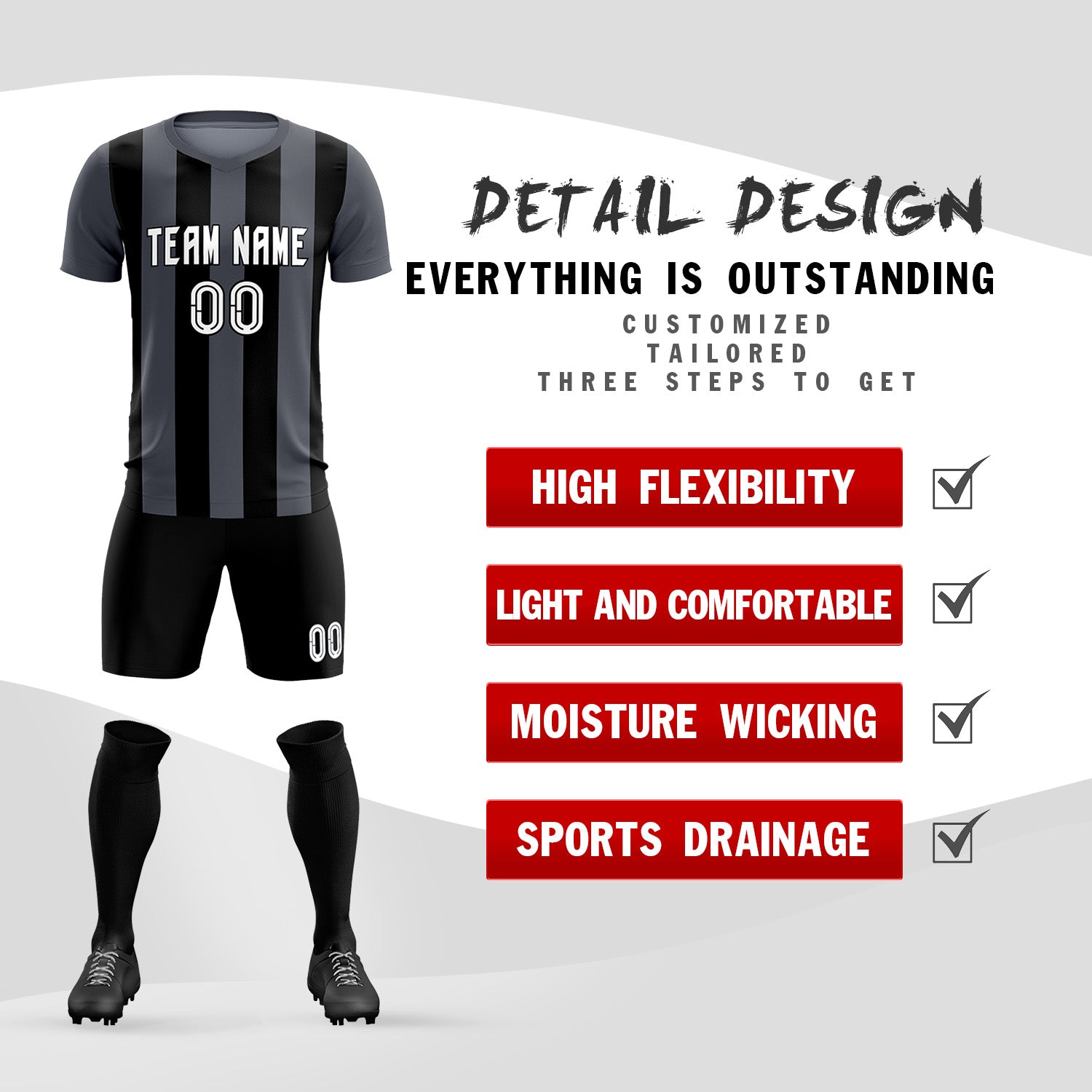 Custom Dark Gray Black Vertical Stripes Casual Outdoor Soccer Sets Jersey