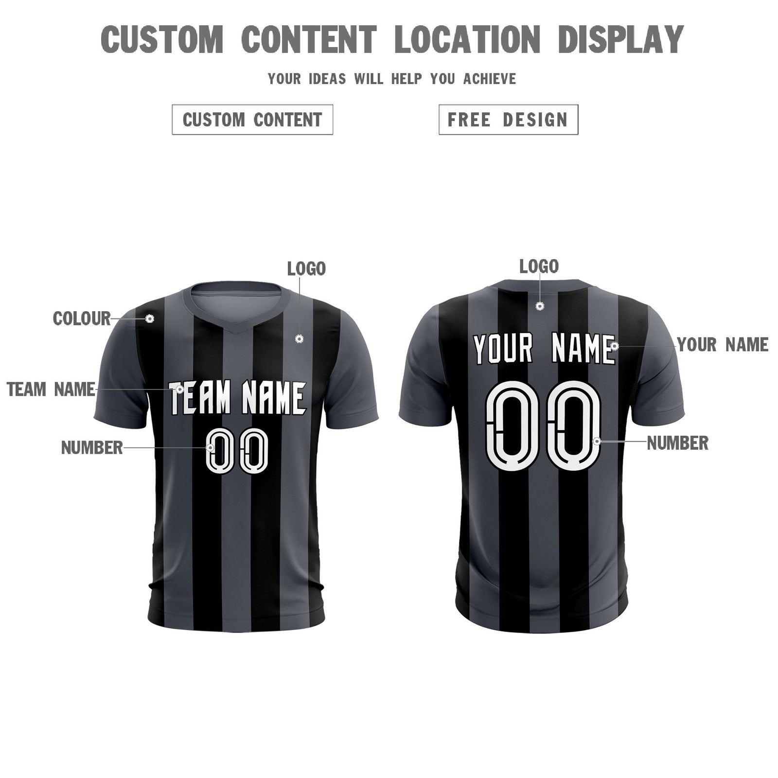 Custom Dark Gray Black Vertical Stripes Casual Outdoor Soccer Sets Jersey