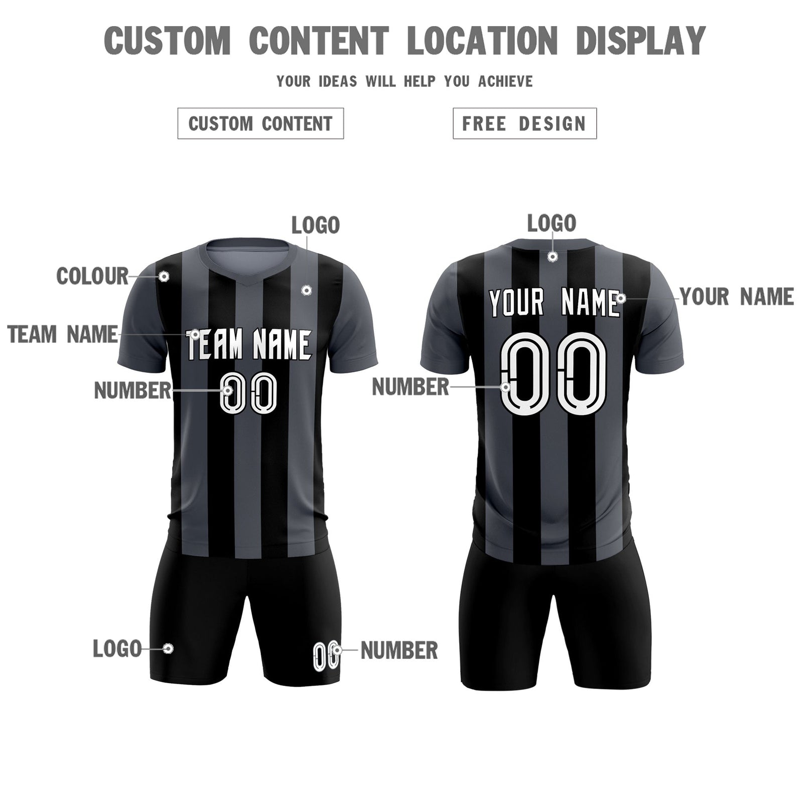 Custom Dark Gray Black Vertical Stripes Casual Outdoor Soccer Sets Jersey