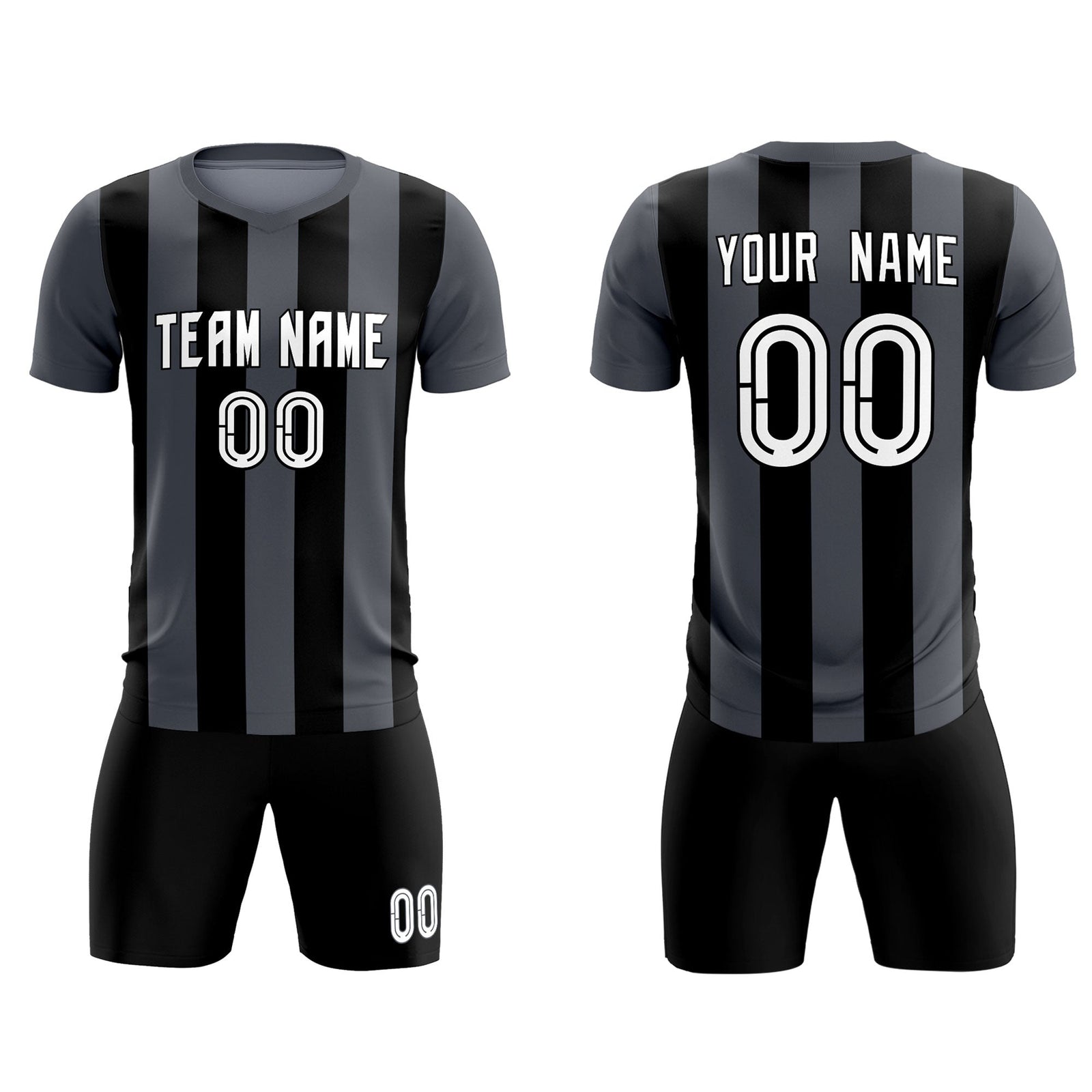 Custom Dark Gray Black Vertical Stripes Casual Outdoor Soccer Sets Jersey