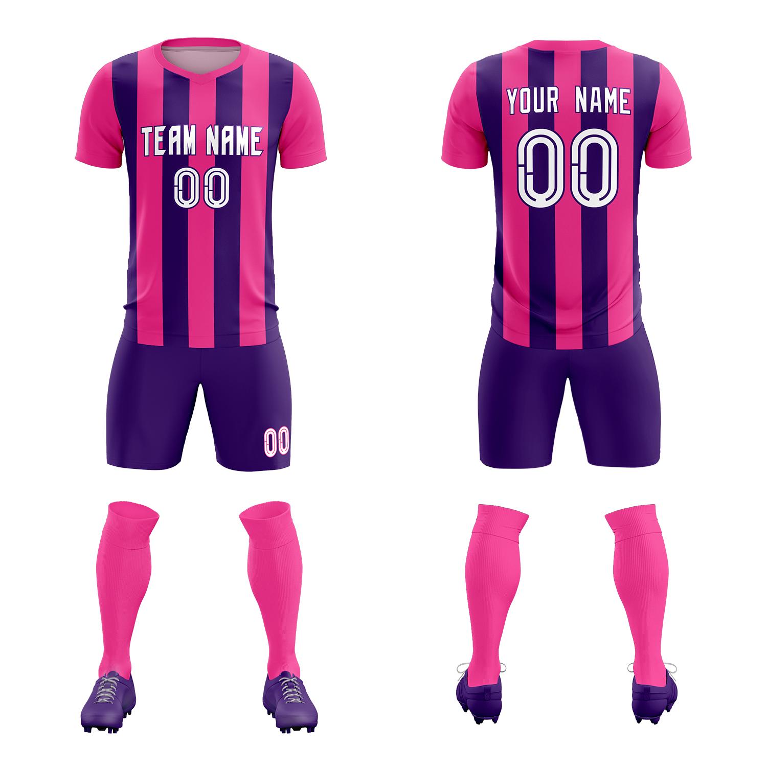 Custom Pink Purple Vertical Stripes Casual Outdoor Soccer Sets Jersey