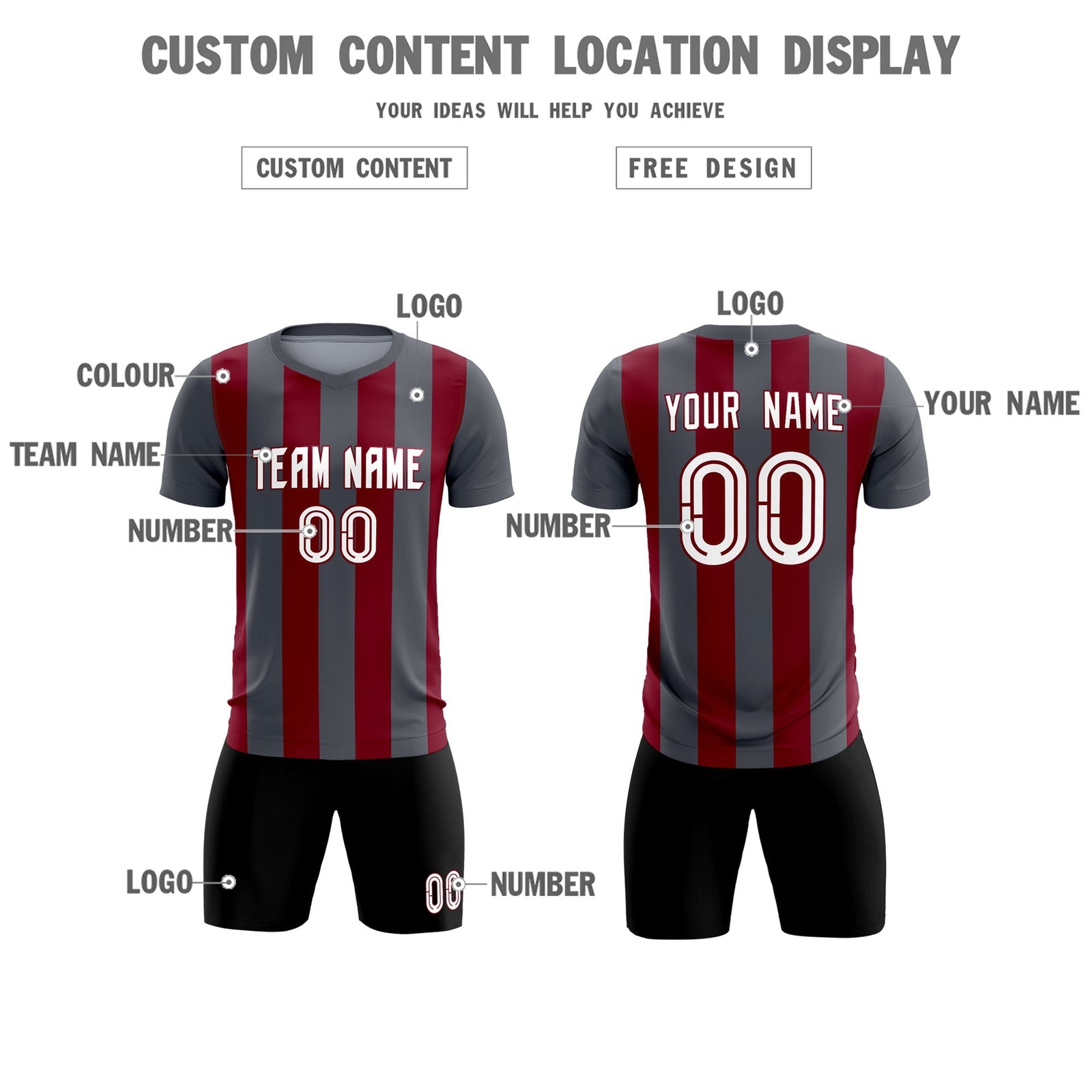 Custom Dark Gray Crimson Vertical Stripes Casual Outdoor Soccer Sets Jersey