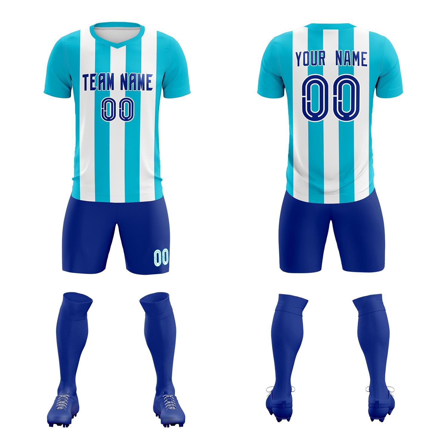 Custom White Sky Blue Vertical Stripes Casual Outdoor Soccer Sets Jersey