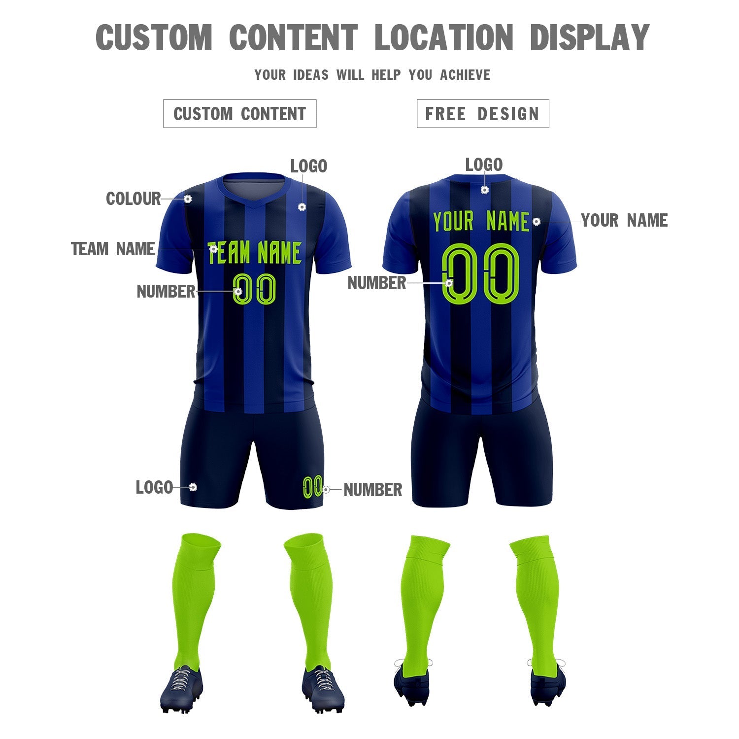 Custom Royal Navy Vertical Stripes Casual Outdoor Soccer Sets Jersey