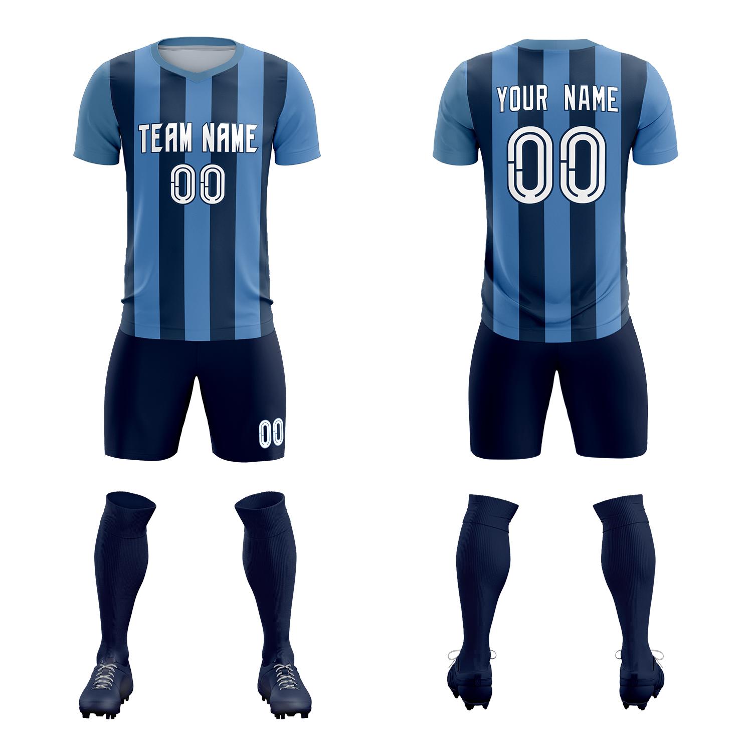 Custom Light Blue Midnight Blue Vertical Stripes Casual Outdoor Soccer Sets Jersey