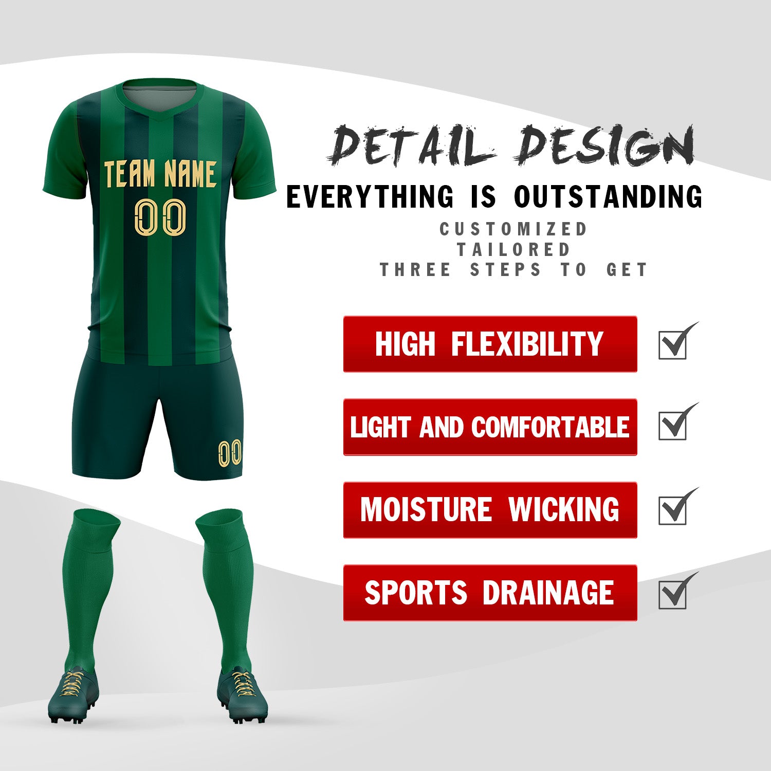 Custom Kelly Green Midnight Green Vertical Stripes Casual Outdoor Soccer Sets Jersey