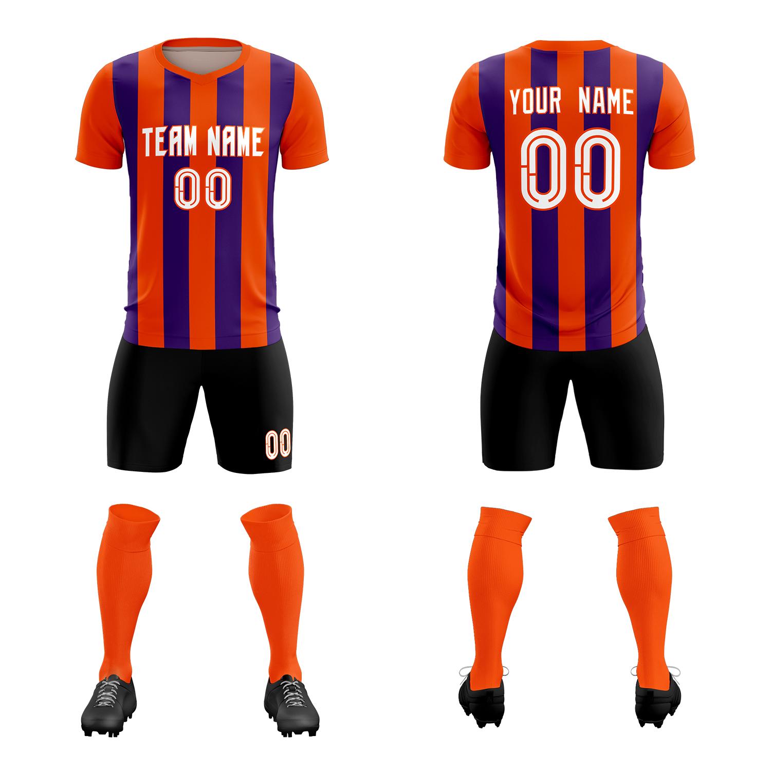 Custom Orange Purple Vertical Stripes Casual Outdoor Soccer Sets Jersey
