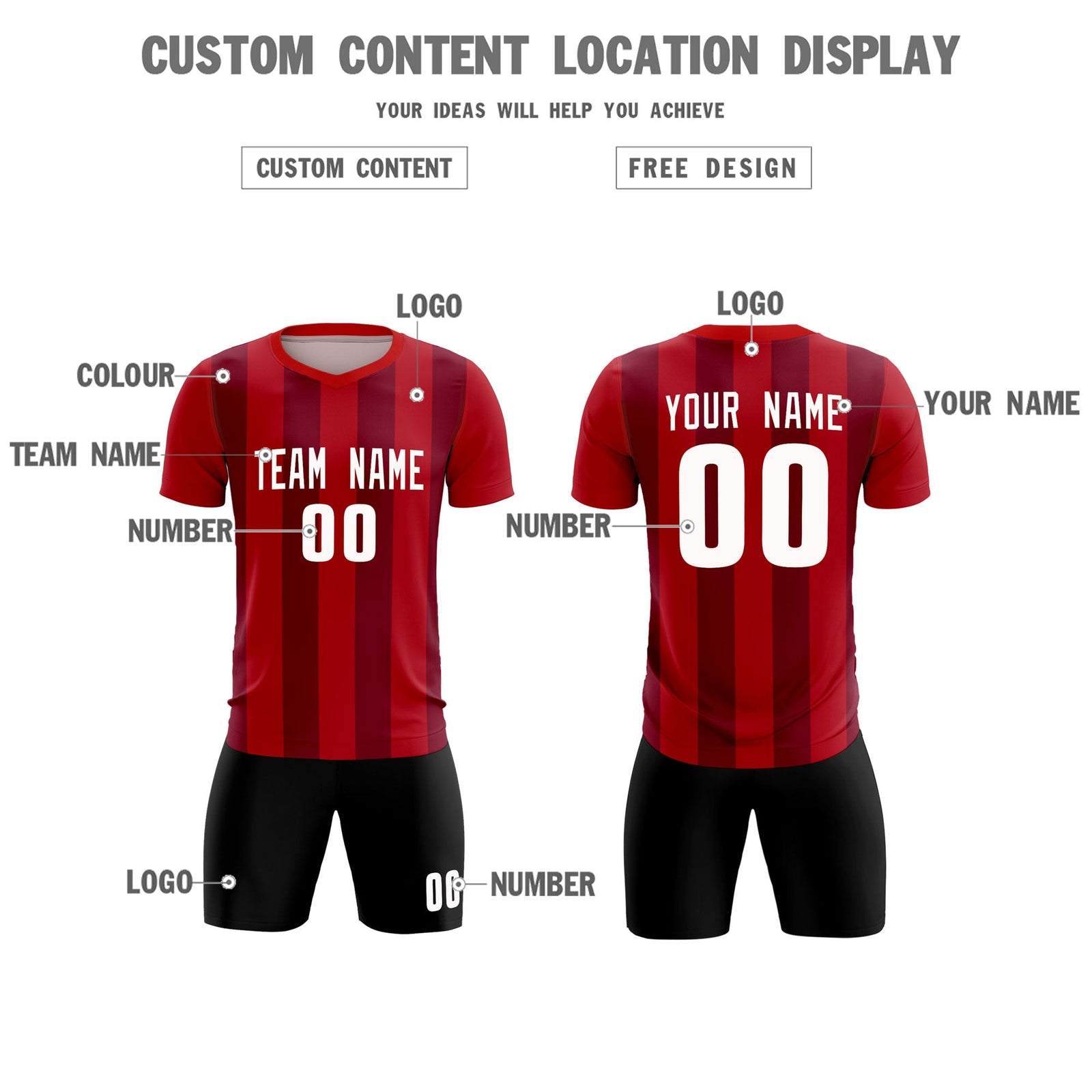 Custom Red Crimson Vertical Stripes Casual Outdoor Soccer Sets Jersey