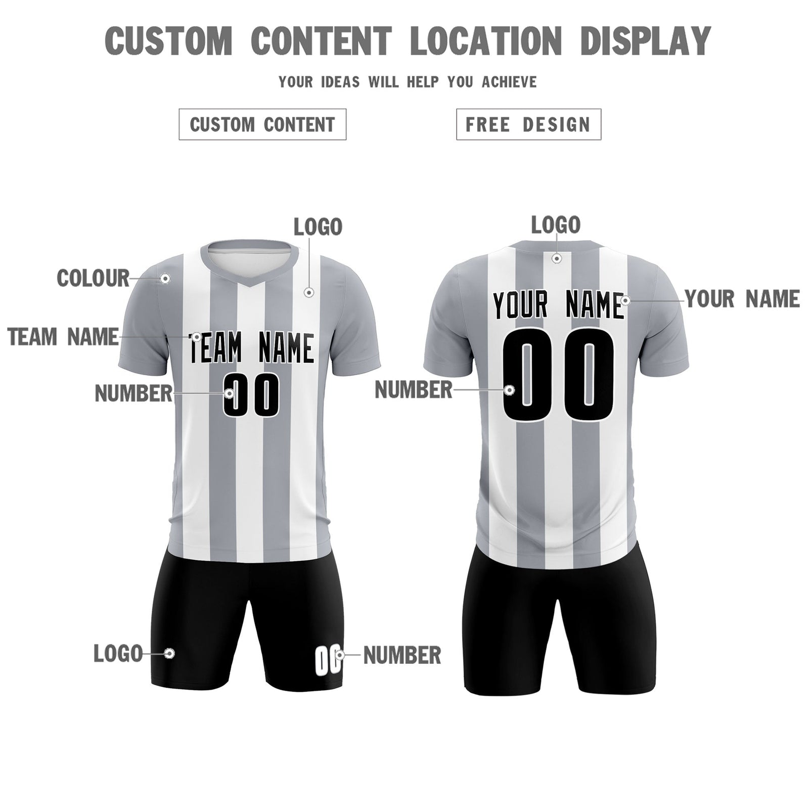 Custom White Gray Vertical Stripes Casual Outdoor Soccer Sets Jersey