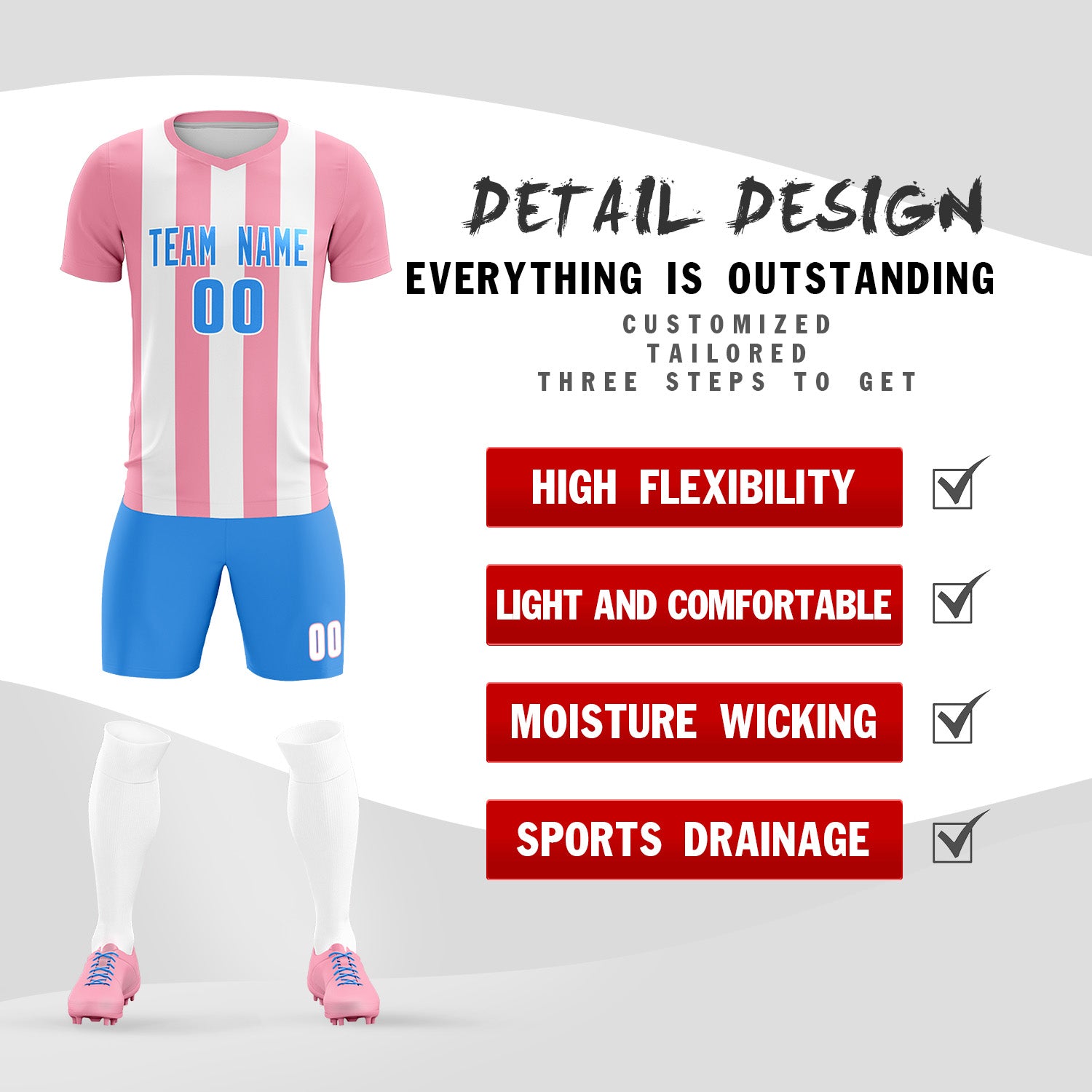 Custom White Light Pink Vertical Stripes Casual Outdoor Soccer Sets Jersey