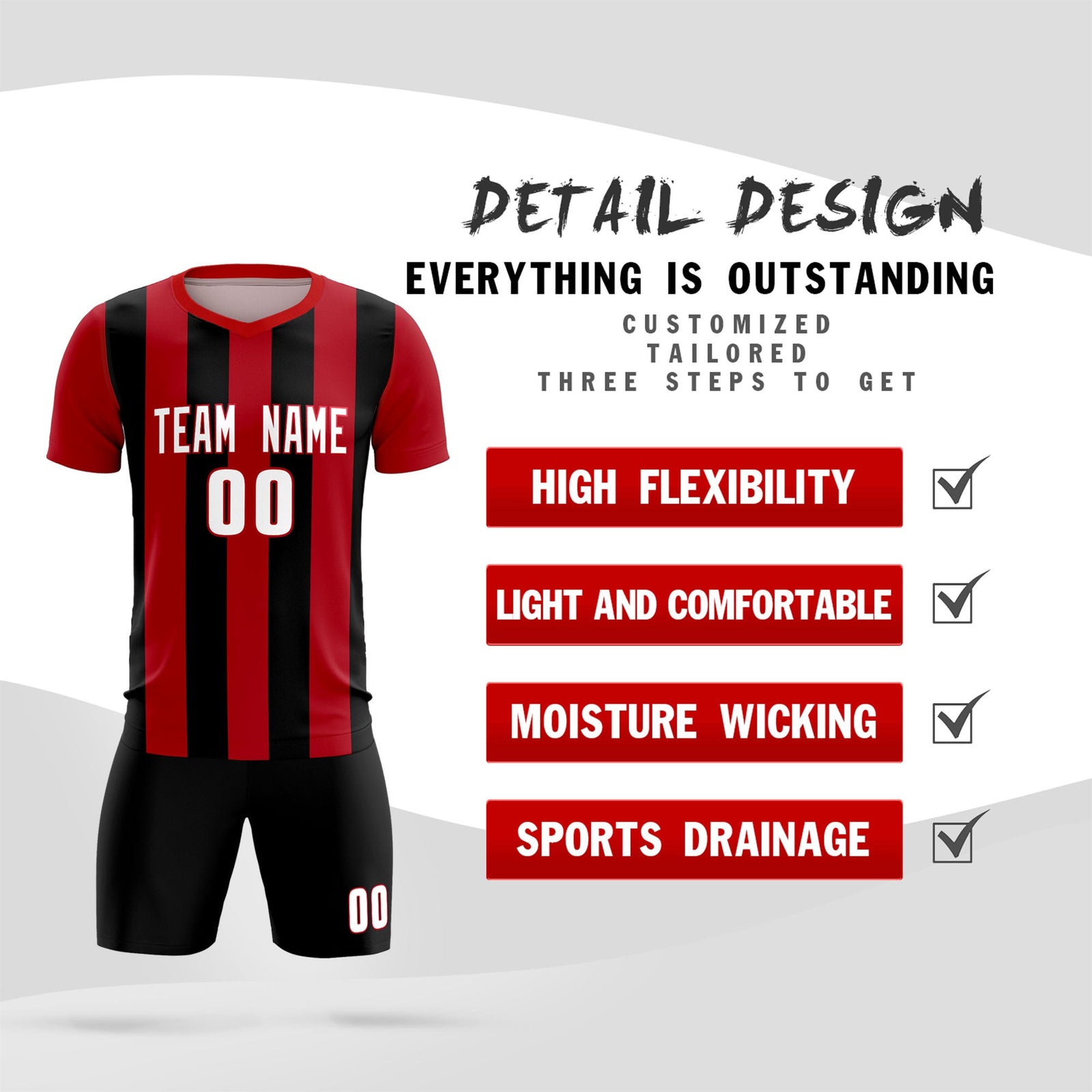 Custom Red Black Vertical Stripes Casual Outdoor Soccer Sets Jersey