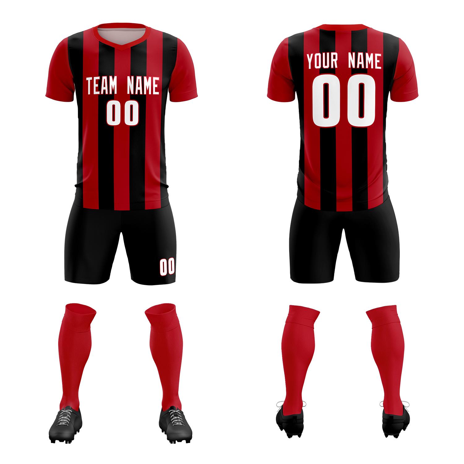 Custom Red Black Vertical Stripes Casual Outdoor Soccer Sets Jersey