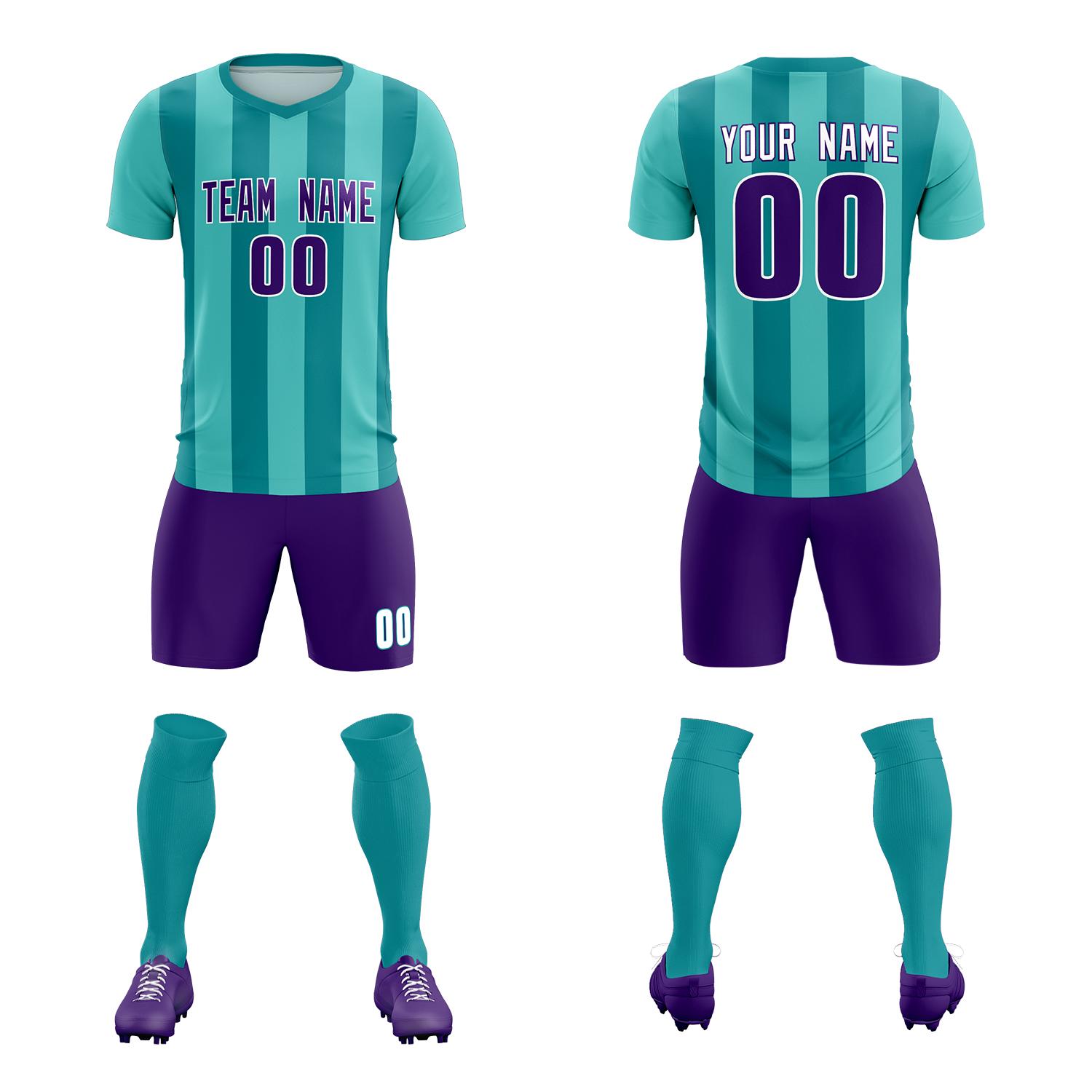 Custom Bright Green Aqua Vertical Stripes Casual Outdoor Soccer Sets Jersey